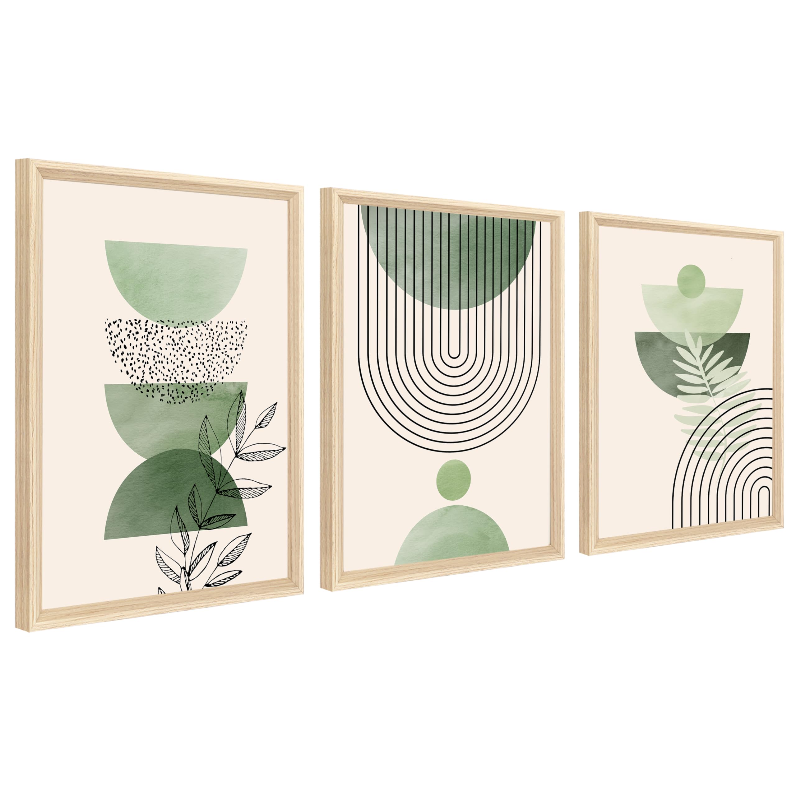 3 Pcs Boho Salbei Grün Mit Rahmen Leinwand Bilder Malerei Poster Minimalistisch Geometrisch Beige Grün Bild Wandbilder Wohnzimmer Schlafzimmer Wanddeko 90x40cm (12