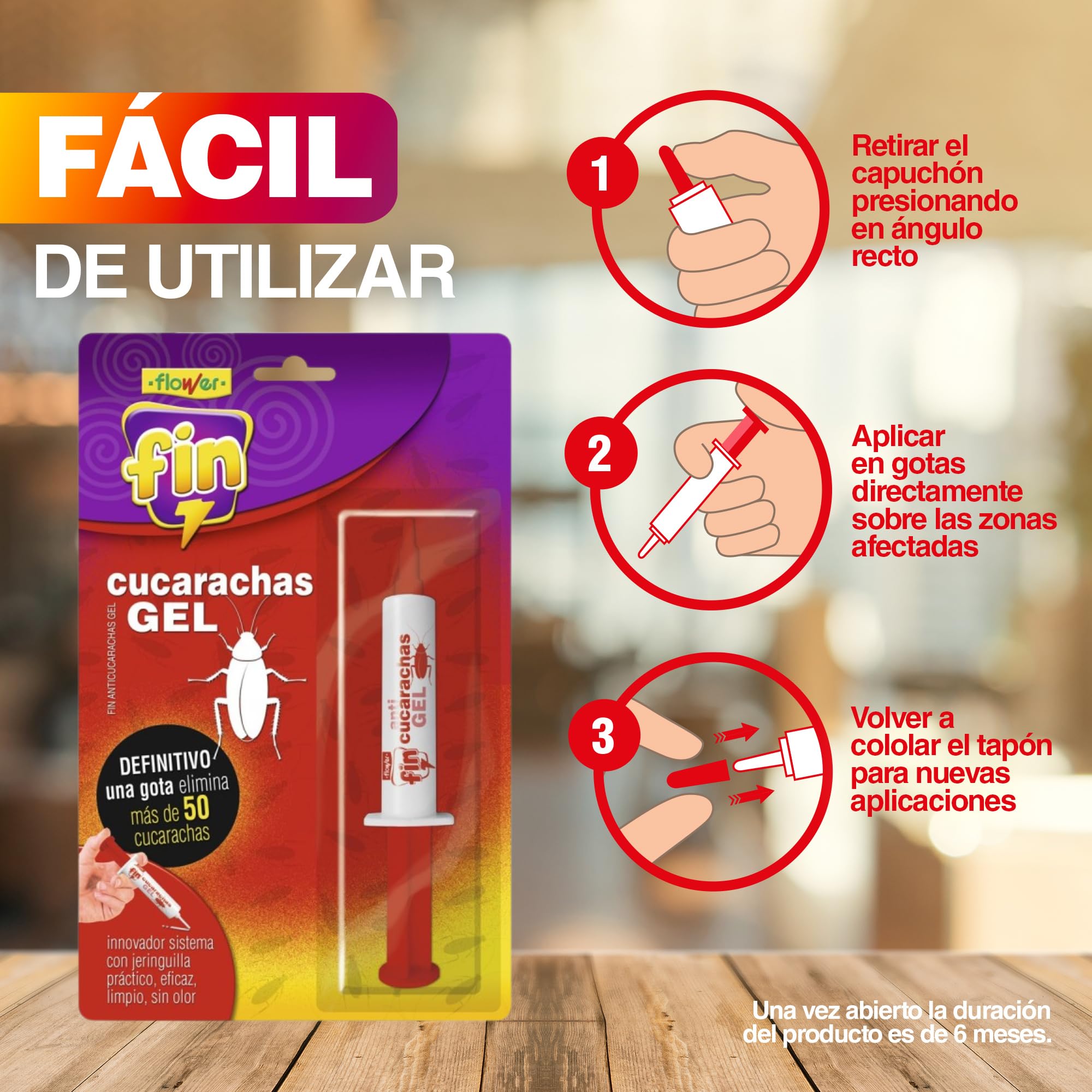FLOWER x 6 Insecticida Anti Cucarachas Formato Jeringa 10 gr | Jeringuilla Anticucarachas Eficaz Elimina y Mata Cucaracha | Gel Atrayante y Duradero | Interior y Exterior | Aplicación Fácil y Segura