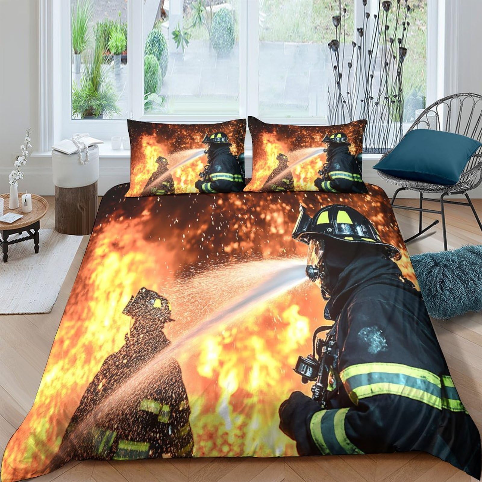Ctjqhvkz Style-3 3D Printed Firefighter Flames Fitted Sheet Microfiber Soft Breathable Fire Scene Bed Cover For Bedroom Decor Single（135X200cm）