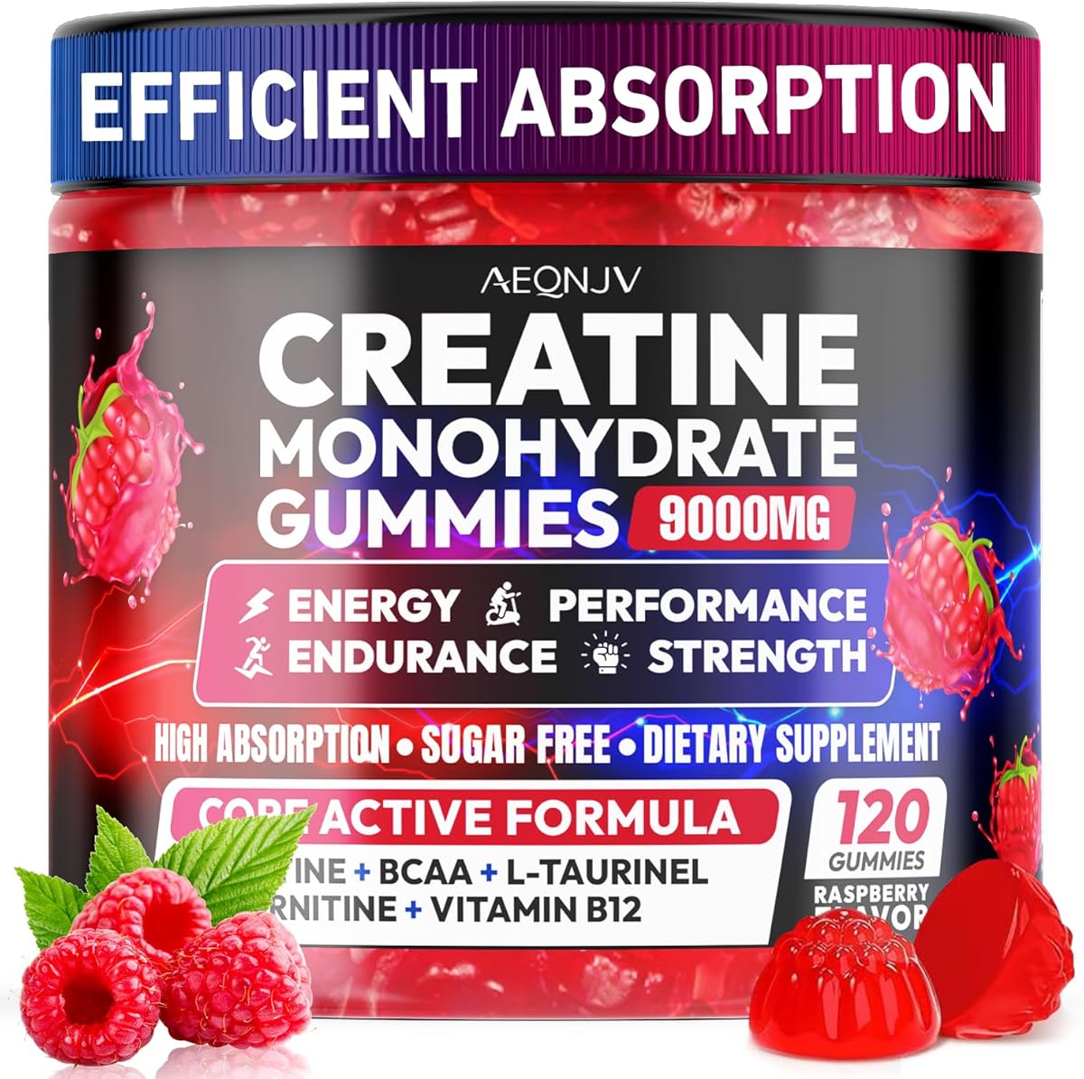 AEQNJV Creatine Gummies Monohydrate Complex 9000MG, Pre-Workout for Men & Women, Creatine Gummy with L-Taurine, BCAA 2:1, B12/6 for Muscle Support, Enhance Strength, Energy Boost-120 Count