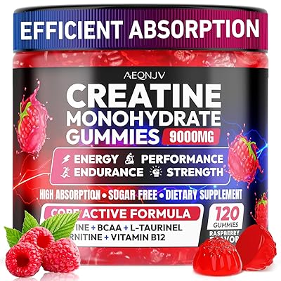 Creatine Gummies Monohydrate Complex 9000MG, Pre-Workout for Men & Women, Creatine Gummy with L-Taurine, BCAA 2:1, B12/6 for Muscle Support, Enhance Strength, Energy Boost-120 Count