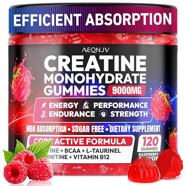 Creatine Gummies Monohydrate Complex 9000MG, Pre-Workout for Men & Women, Creatine Gummy with L-Taurine, BCAA 2:1, B12/6 for Muscle Support, Enhance Strength, Energy Boost-120 Count
