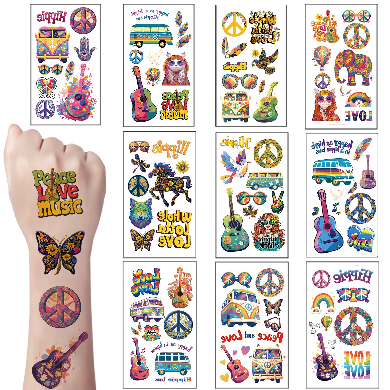10 Sheets Hippie Temporary Tattoo Tickers Groovy 70s 80s 90s for Girls and Boys, Waterproof Love and Peace Sign Luminous Face Stickers Flower Power Rainbow Hippie Theme Party Supplies