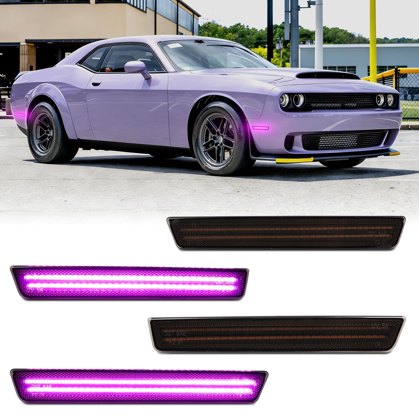 FetonAuto Pink Purple LED Side Marker Lights for 2015-2023 Dodge Challenger Front Rear Bumper Running Indicator Blinker, Smoked Lens Passenger Driver