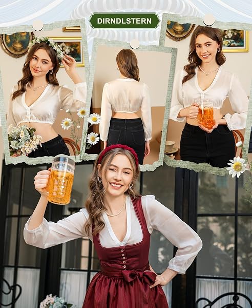 DIRNDLSTERN Bluse Damen Weiß - Dirndlbluse Langarm V-Ausschnitt Knopfleiste Trachtenbluse für Oktoberfest & Karneval - 4