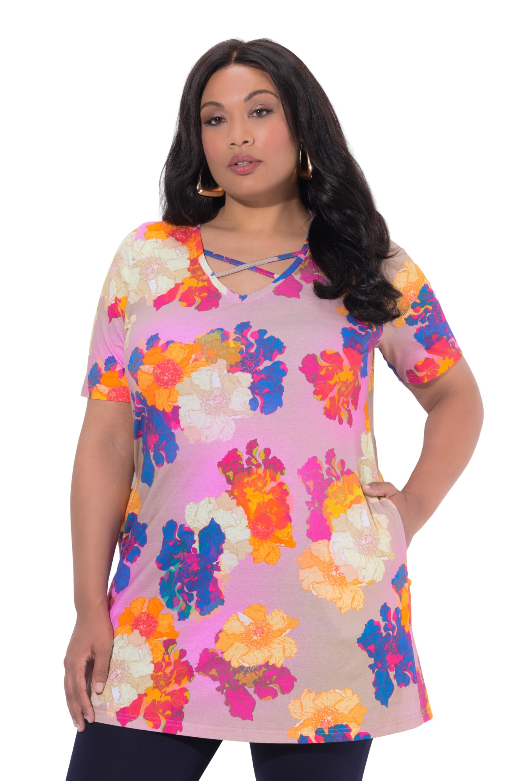 Ulla Popken Damen große Größen Übergrößen Plus Size Longshirt, Zierbänder, A-Linie, V-Ausschnitt, Halbarm 847535