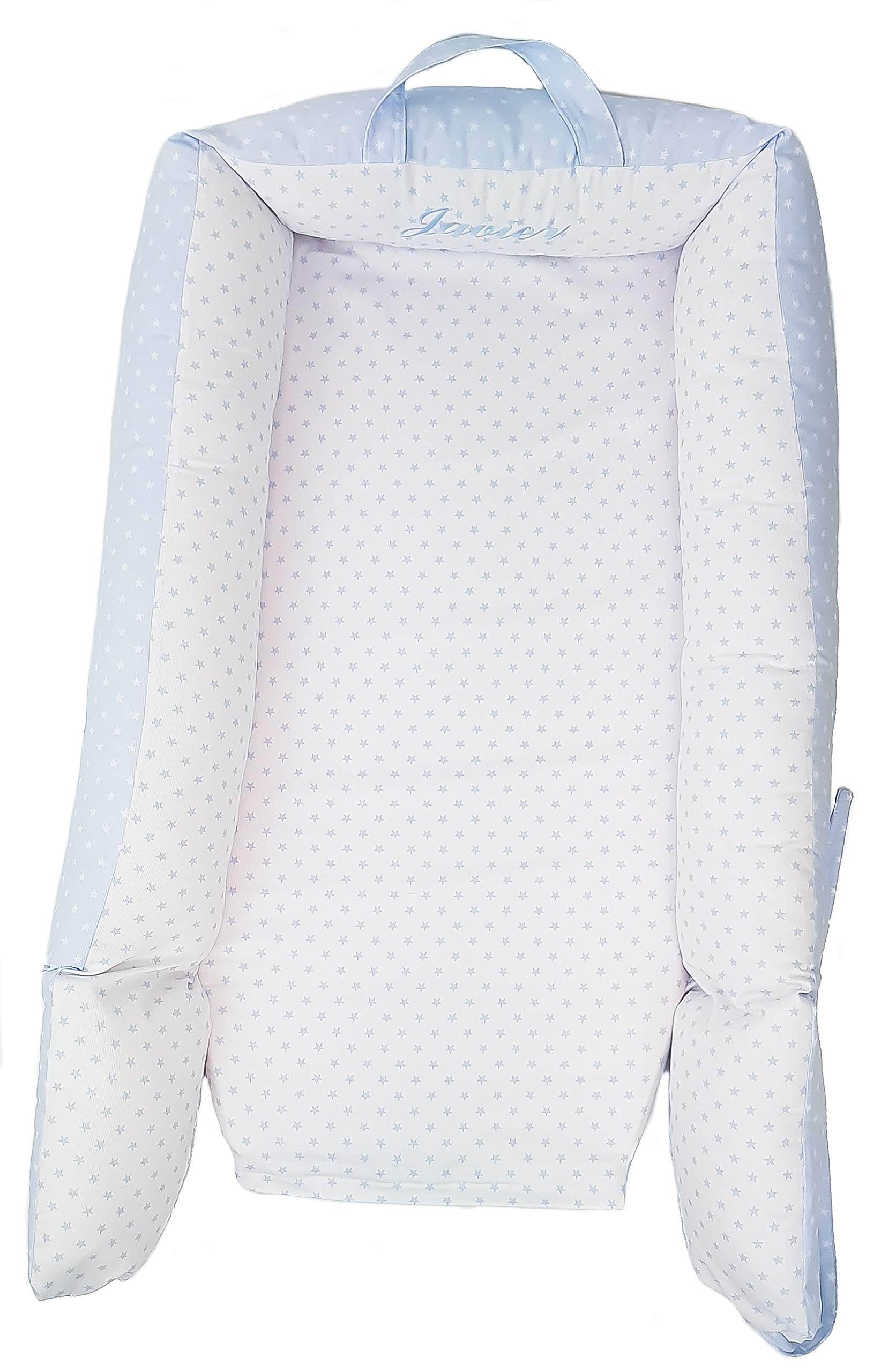 Baby nest cuscino riduttore per lettino, riduttore per culla o bozzolo riduttore per lettino reversibile PERSONALIZZATA CON NOM. Disponibile in vari modelli. (Stelle Celeste)