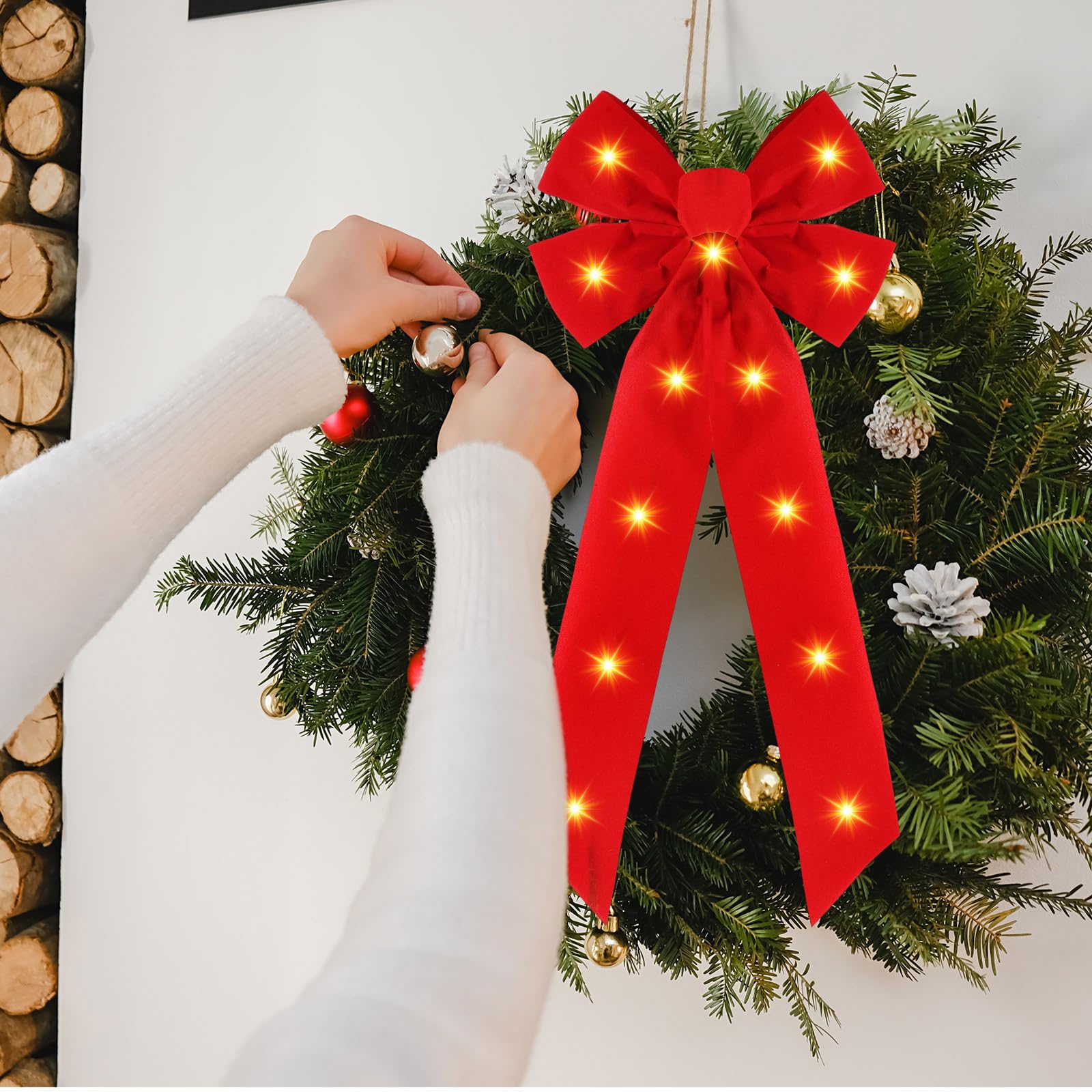 Crowye Lot de 12 nœuds de couronne de Noël à LED pour décorations d'extérieur - Nœuds de Noël en velours pour couronnes de Noël - Décoration de Noël (20,3 x 48,3 cm)
