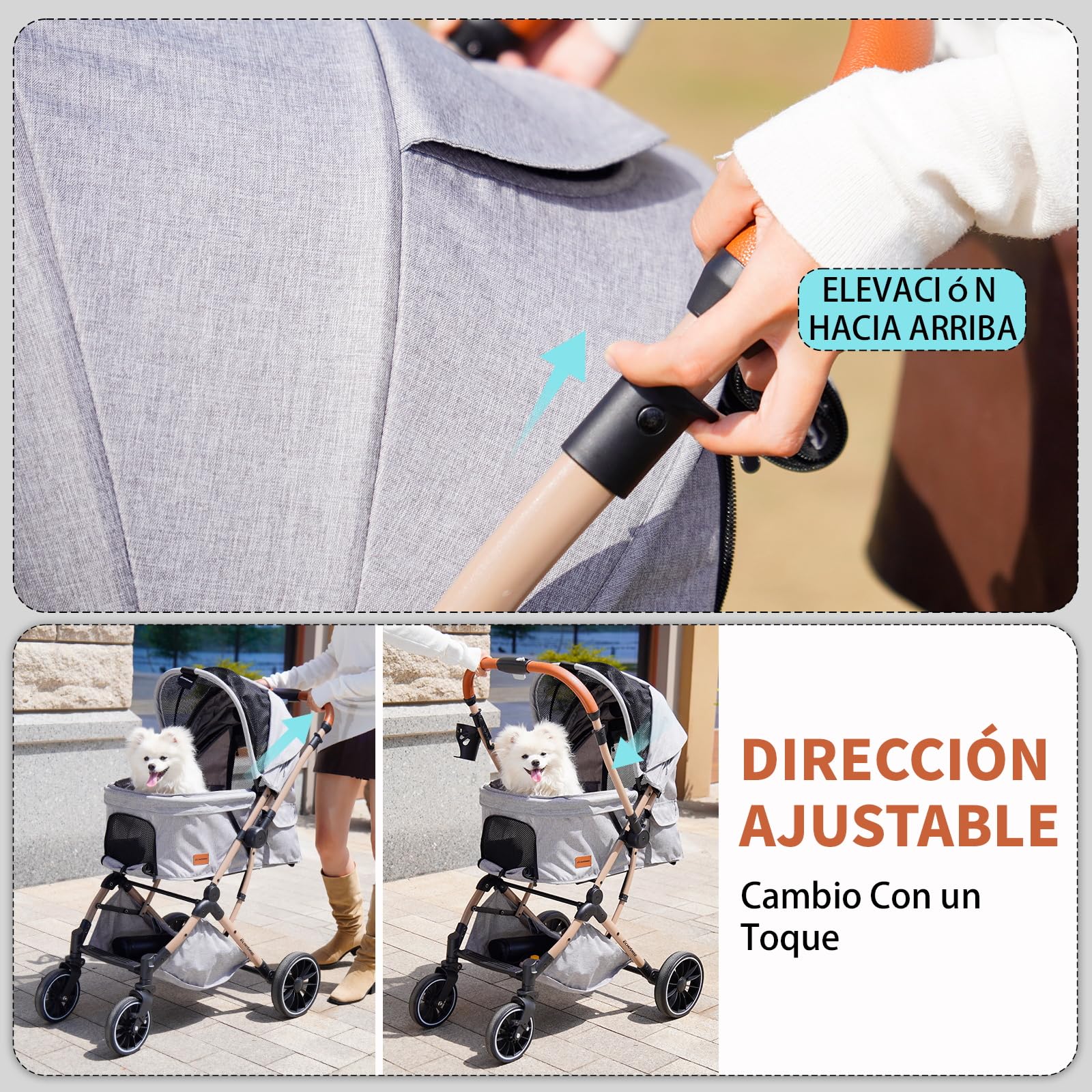 EchoSmile Carrito para Perros y Gatos Plegable con un Botón, Carro Perro 20 kg, Coche para Perros con Mango Reversible, Absorción de Impactos y Almohadilla Lavable Extraíble (Gris)