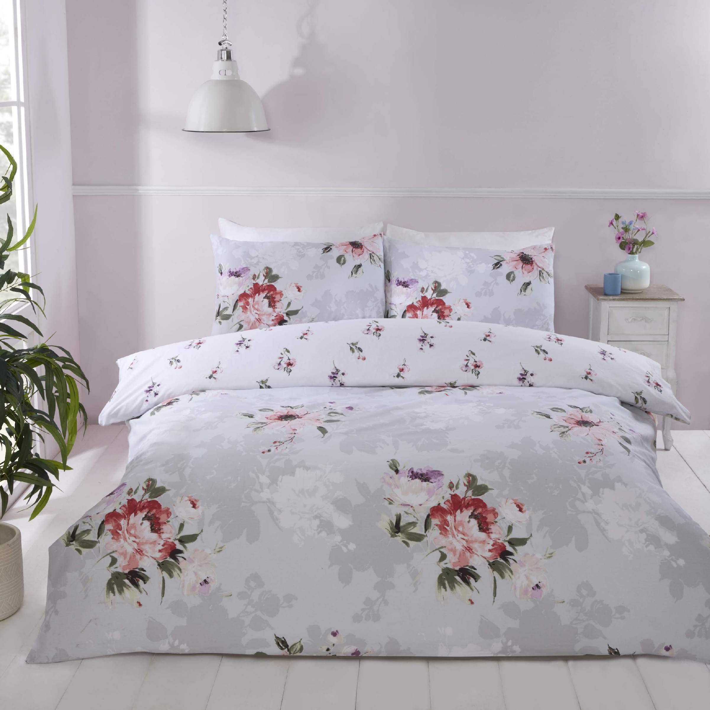 Rapport Home Margo Microfibre Floral Duvet Cover Set Double Grey