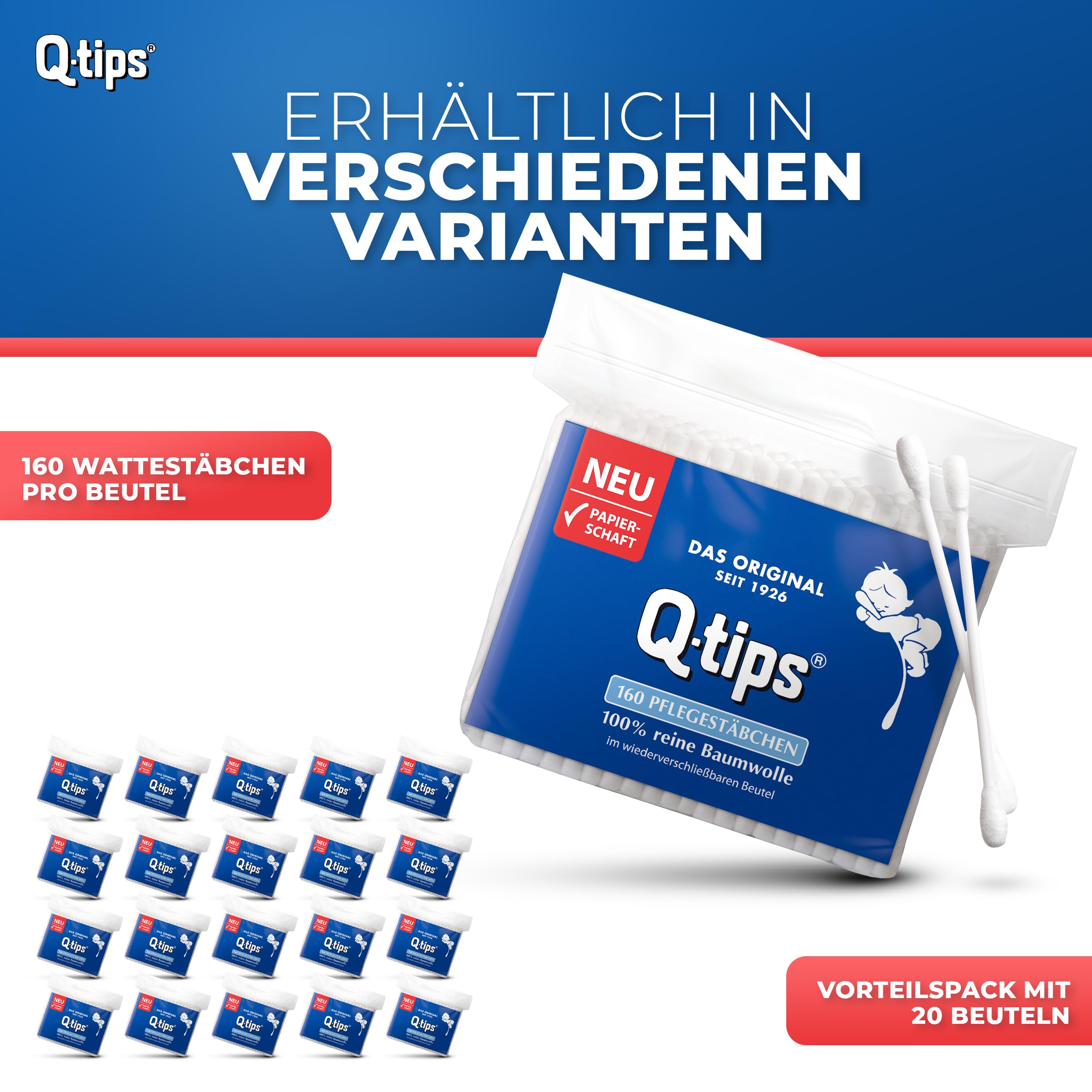 Q-tips® Pflege-Wattestäbchen mit Papierschaft, Nachfüllpackung, Vorteilspack (20x 160 Stück), 100% biologisch abbaubar, Baumwolle ohne Plastik