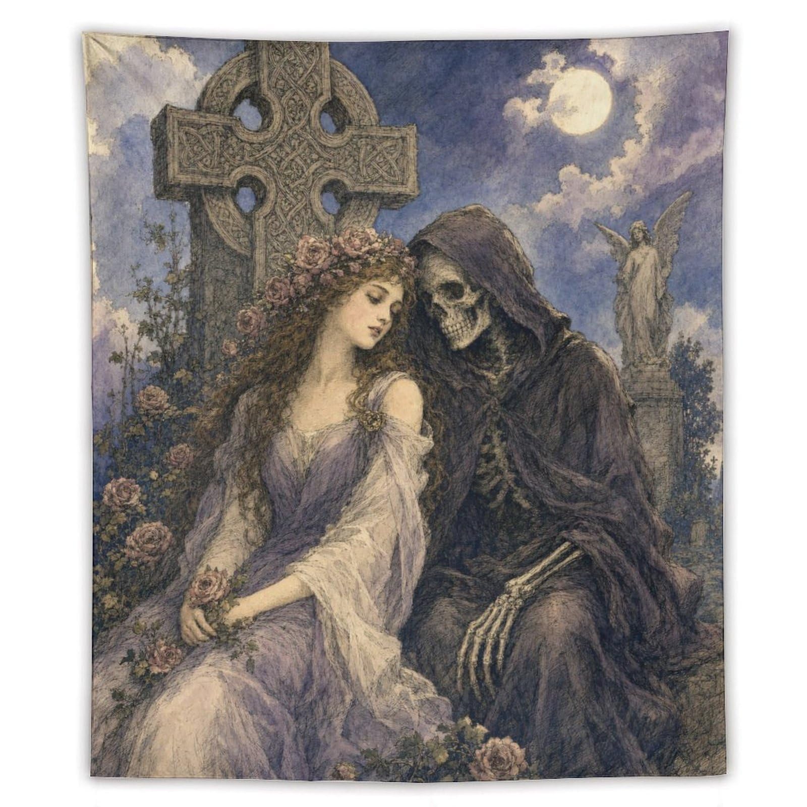 W7C8U2X3 Gothic Bride with Death Wall Tapestry, Gothic Oil, Living Room