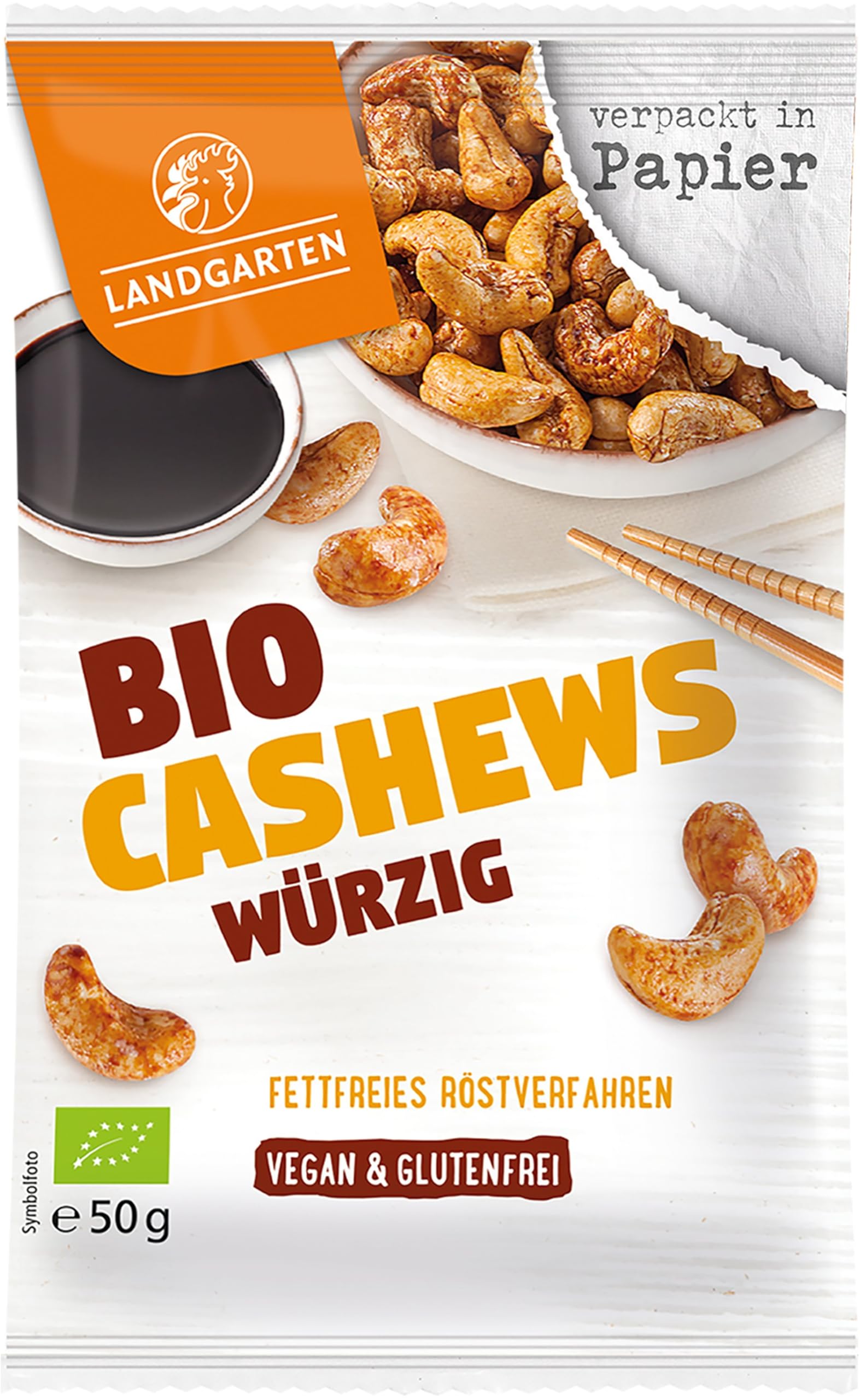 Landgarten Bio Cashews Würzig 10x 50g – Bio Cashewkerne mit Tamari Sauce | Vegan, Glutenfrei, Bio Snack aus Österreich | Herzhafter Protein-Snack im Vorratspack | Für unterwegs, Büro & Genussmomente