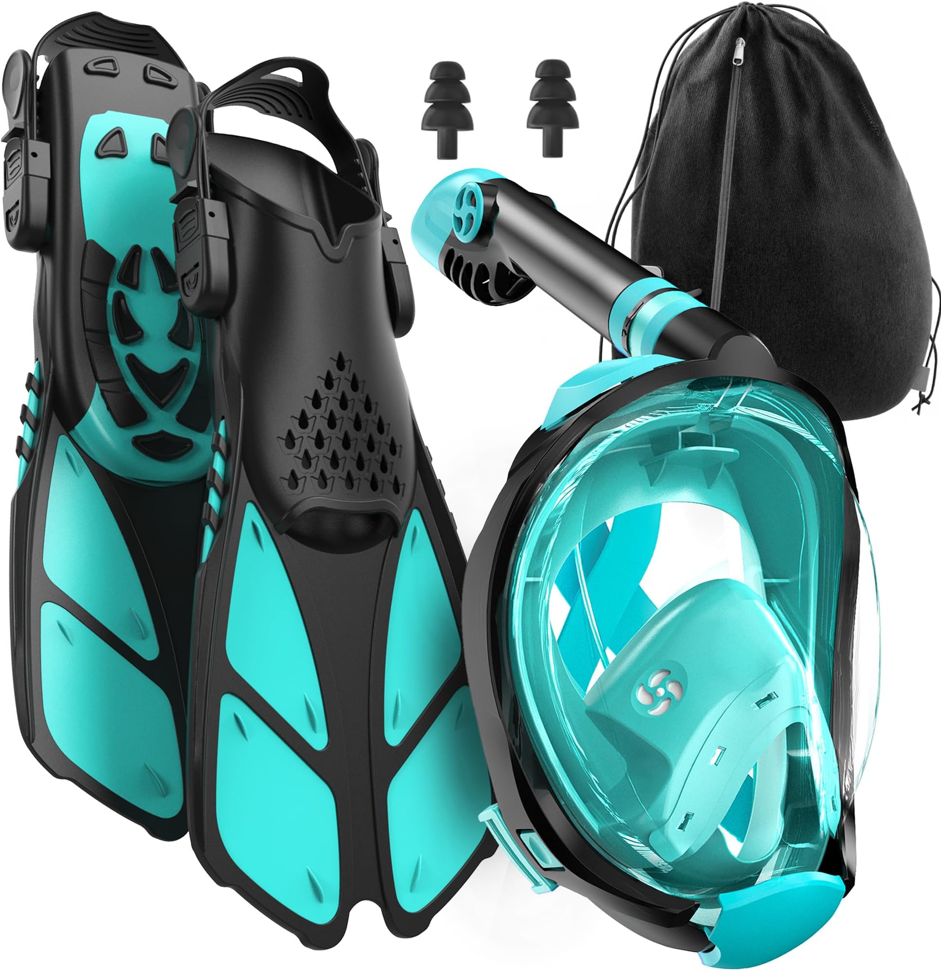 COZIA DESIGN Snorkeling Gear for Adults with Fins - Full Face Snorkel Mask and Swim Fins, 180° Panoramic View Snorkel Mask, Anti Fog and Anti Leak Adult Snorkel Set (Green, Mask M - Fins M)