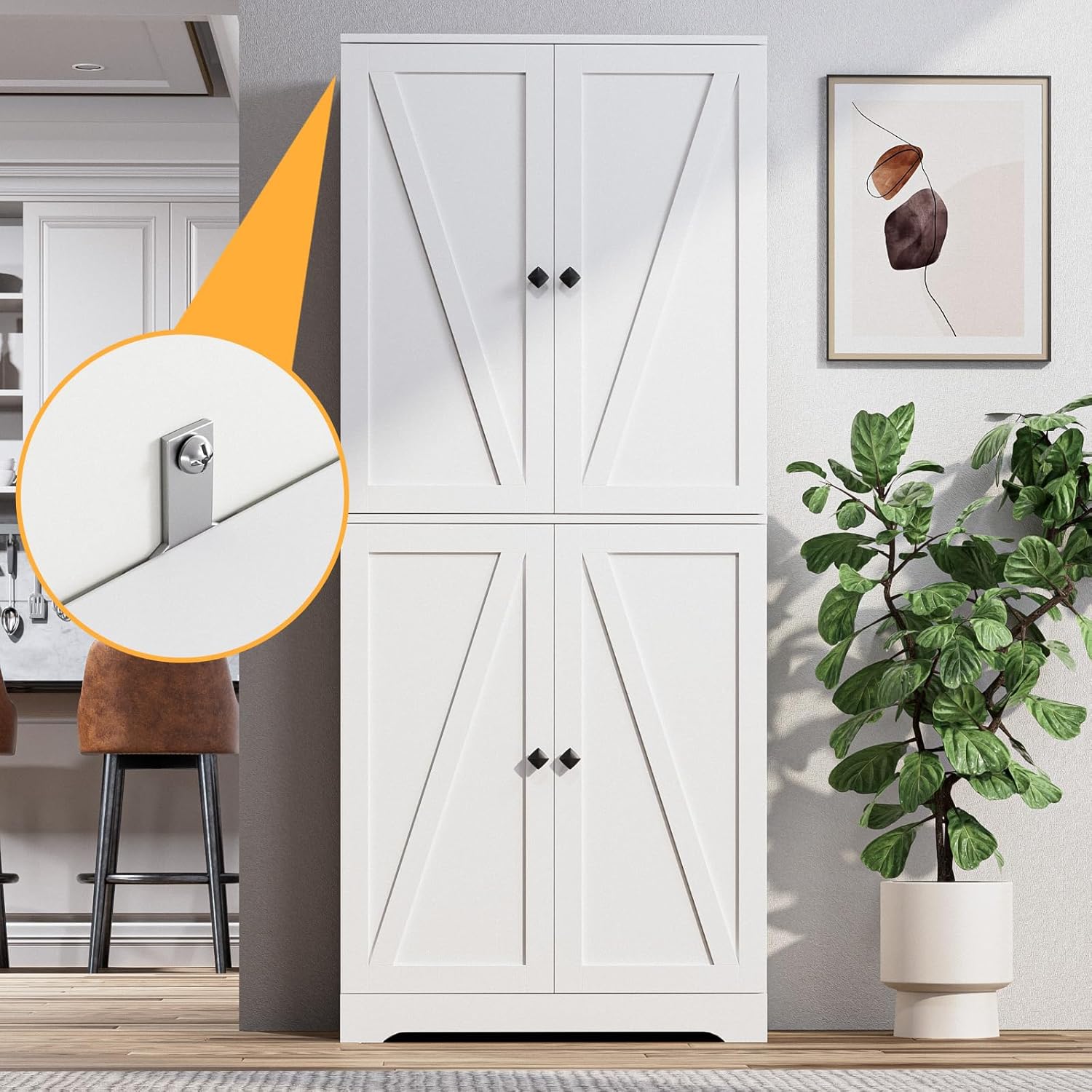 LYNSOM Farmhouse Storage Cabinet, Kitchen Pantry Cabinet with 4 Barn Doors, Tall White Storage Cabinets with Adjustable Shelves for Kitchen, White
