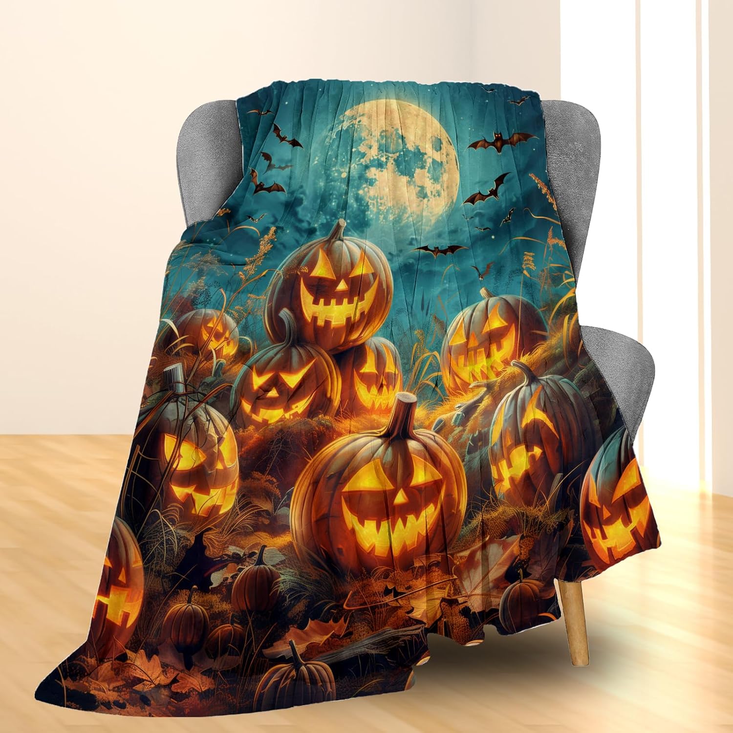 Pumpkin Lantern Moon Halloween Blanket | Soft Warm Fuzzy Lightweight Flannel Throw Blanket Perfect for Couch, Bed, Decor, Travel & Outdoor Use, Cozy Blankets for Adults Women Girls 60×50 in