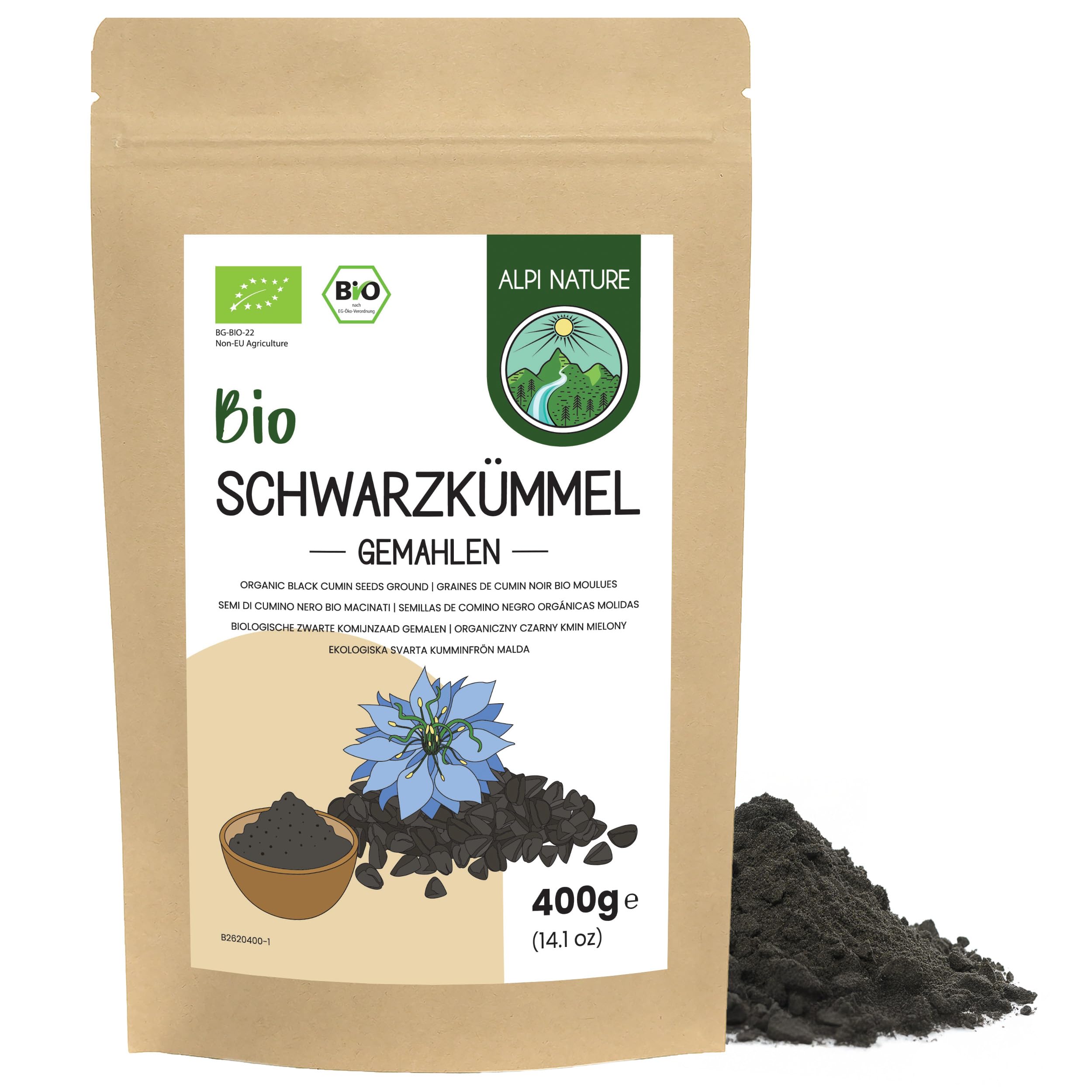 Alpi Nature Schwarzkümmel gemahlen BIO 400g, Schwarzkümmelsamen gemahlen, Schwarzkümmel Pulver (2 pack)