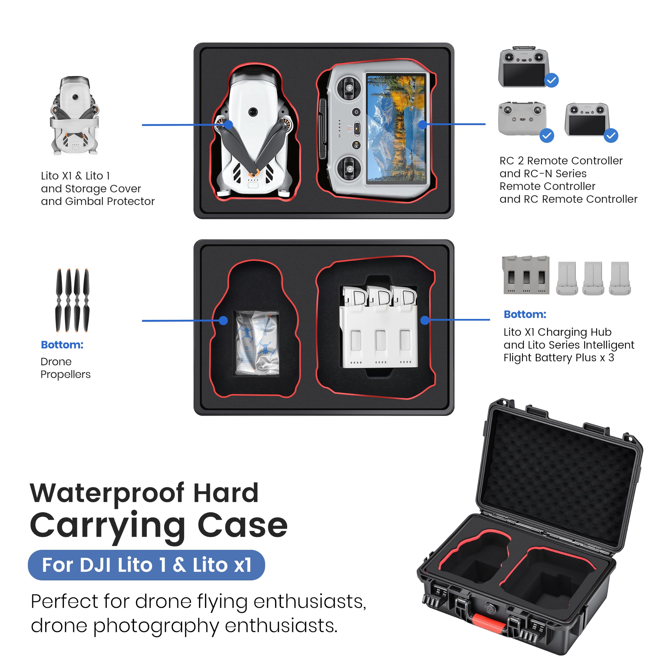 STARTRC Lito X1/1 Koffer, Wasserdichter Harter Tasche für DJI Lito X1/1 Fly More Combo Zubehör für DJI RC 2/RC-N3,4 Akkus & Lade-Hub Kleine Koffer