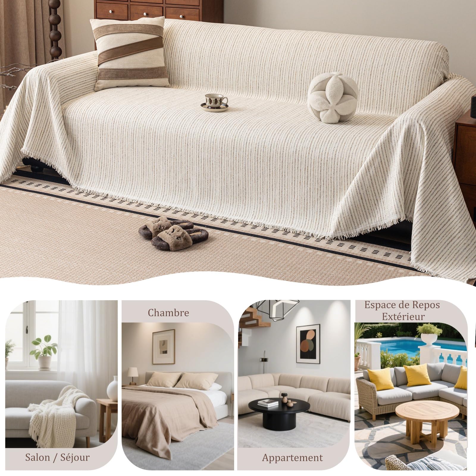 Jeté de Canapé, Protection Sofa, Housse de canapé Respirante et Douce pour la Peau, Plaid Canape Grande Taille, Cadeau Parfait Et Chaleureux 180 * 360cm-Beige