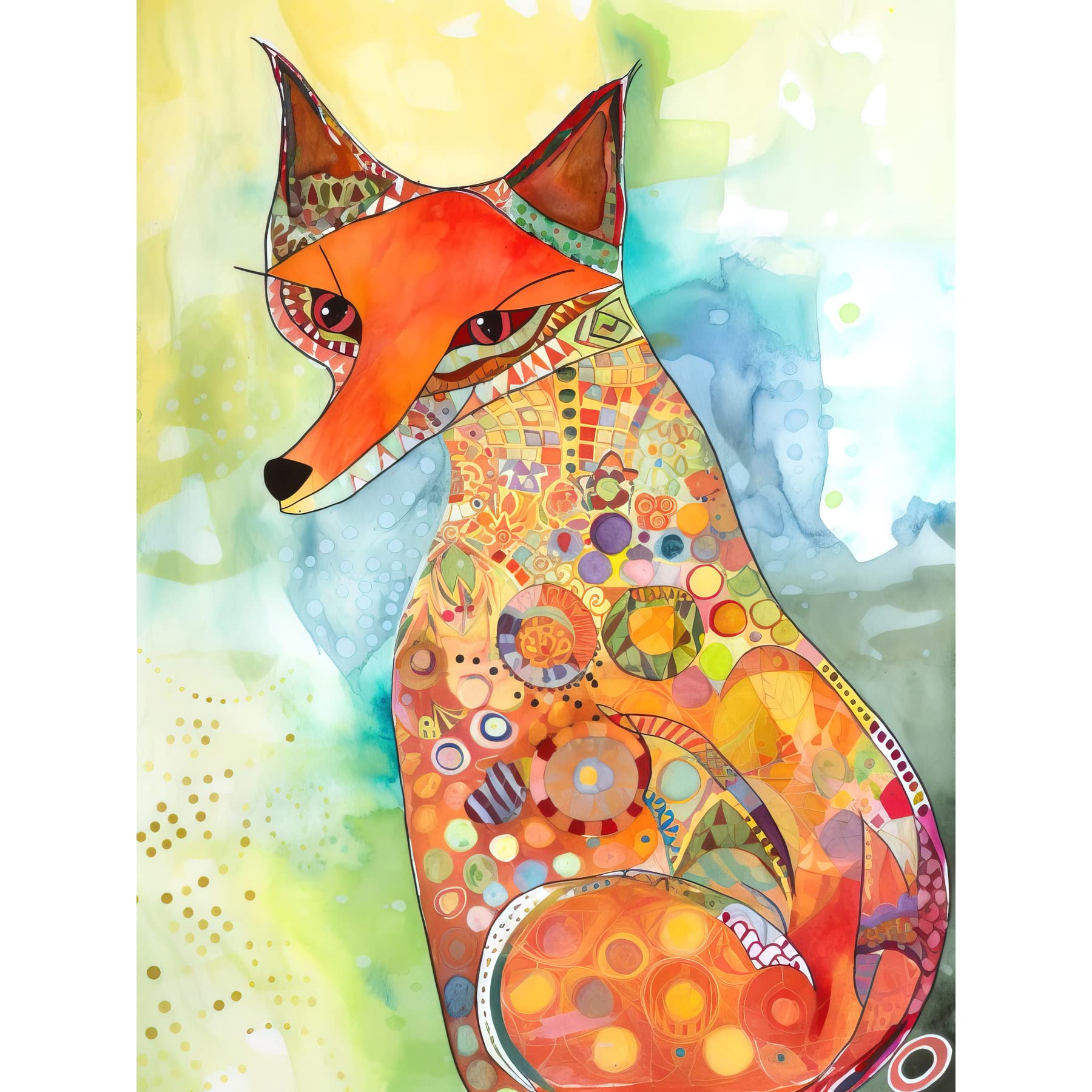 Artery8 Sitting Fox Folk Art Watercolour Painting Large Wall Art Poster Print Thick Paper 18X24 Inch