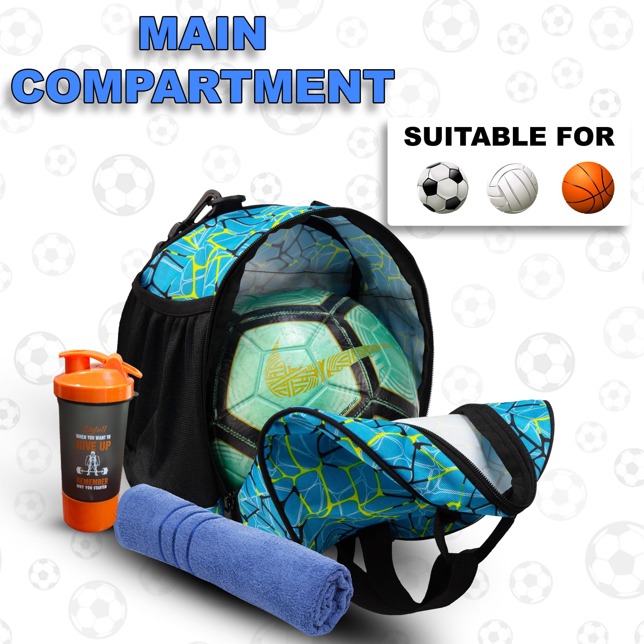 WHACKK Bolsas de equipo de fútbol de ataque, bolsas de baloncesto y voleibol, mochila con correa ajustable, bolsillos de fácil acceso, soportes para botellas de malla, bolsa de pelota, bolsa de kit