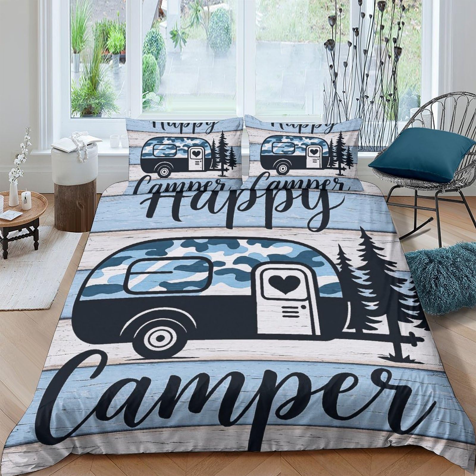 Ctjqhvkz Style-8 3D Printed Happy Camper Fitted Sheet Microfiber Soft Blue Forest Caravan Bed Cover For Bedroom Guest Room Decor Single（135X200cm）