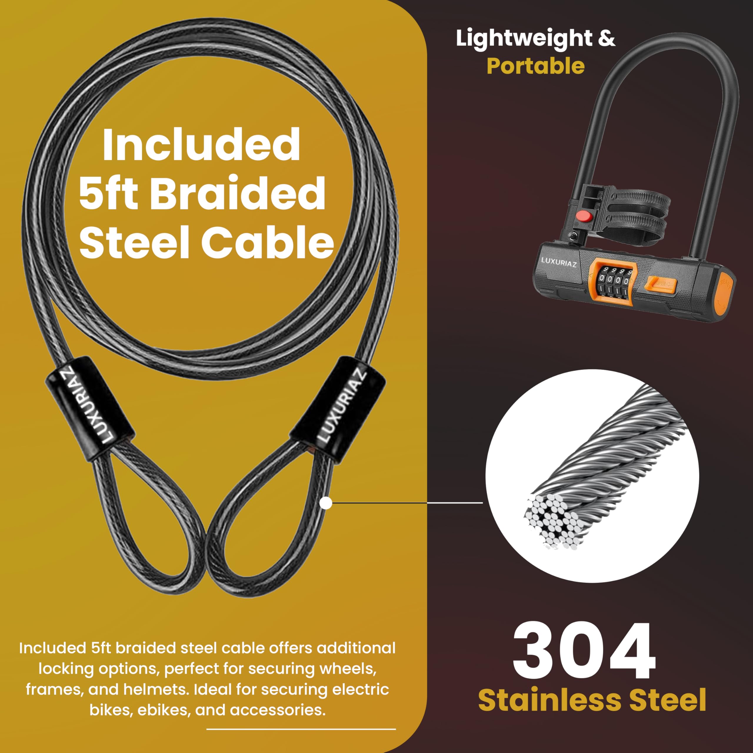 Candado en U resistente para bicicleta con cable de acero de 5 pies, candado antirrobo para bicicleta, código reajustable de 4 dígitos, seguro para bicicletas eléctricas, scooters y motocicletas