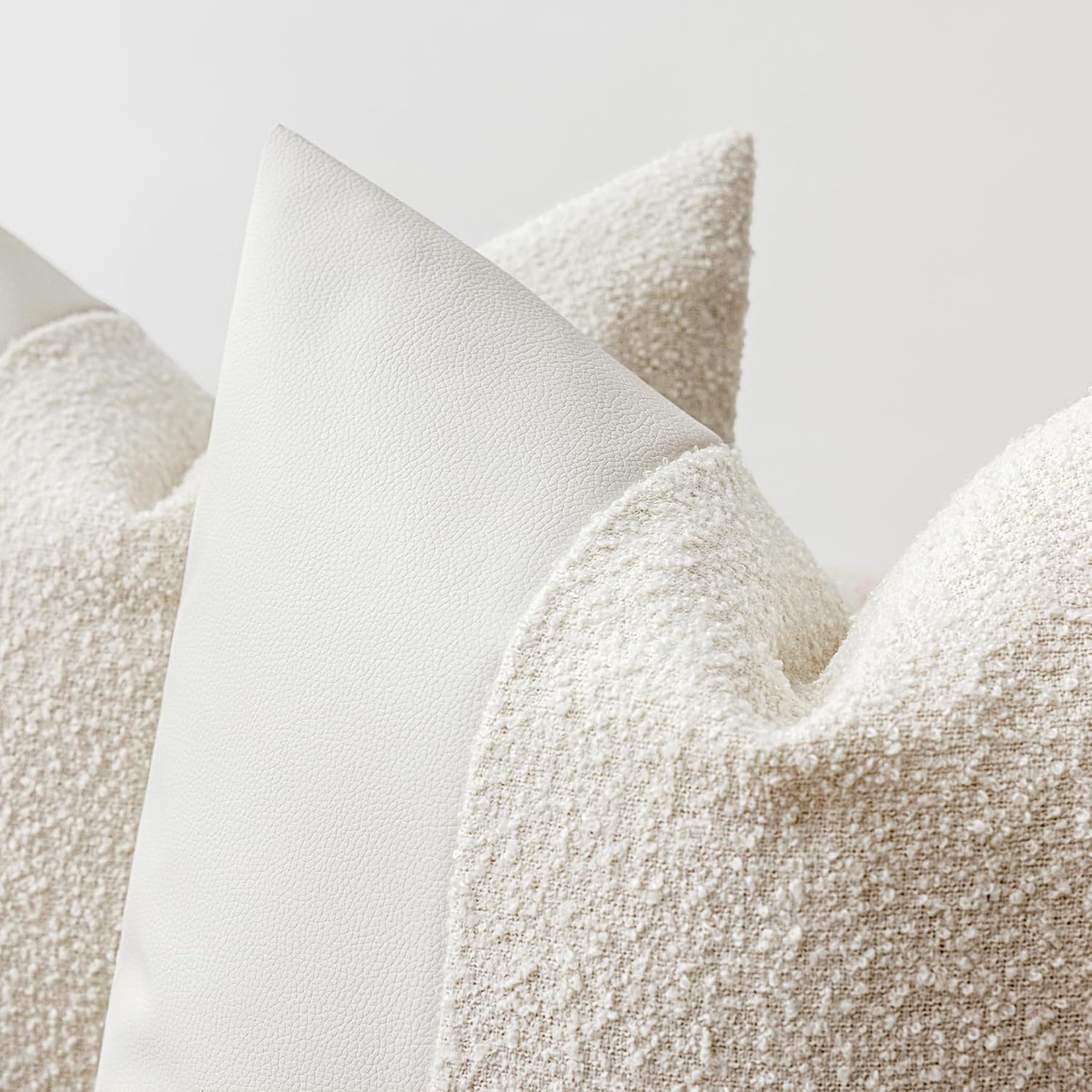 Set of 2 Fluffy Boucle Pillow Covers 18"x18", White Textured Throw Pillow Covers with Faux Leather Accents, Boho Decorative Pillow Cases for Couch, Bed, or Farmhouse Home Decor - Image 2