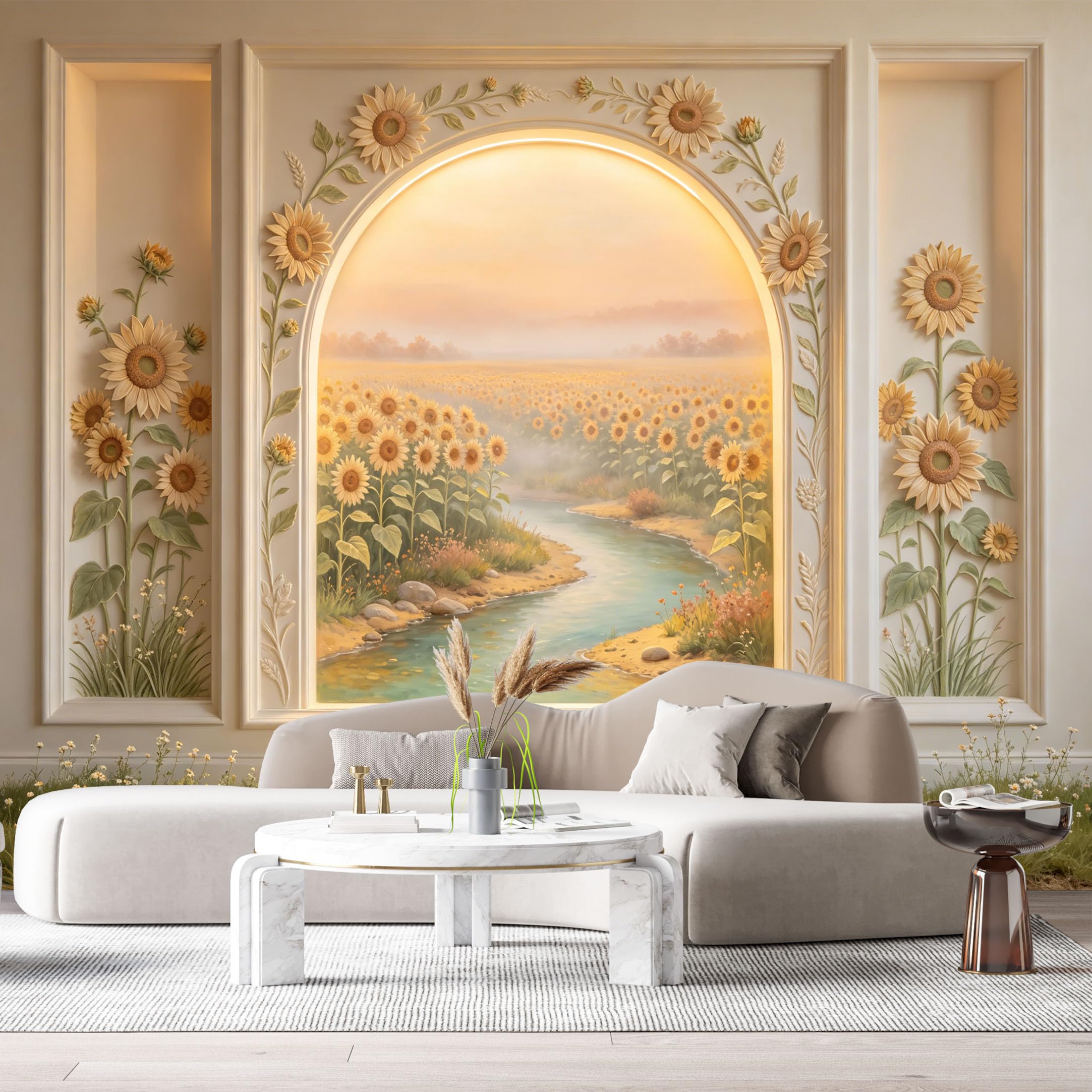 Custom Size Wall Murals Sunflower Field River Botanical Oil Painting 3D Trompe L'Oeil SelfAdhesiveWall Fabric Removable Wallpaper Wall Decor for Living Room Bedroom Bathroom