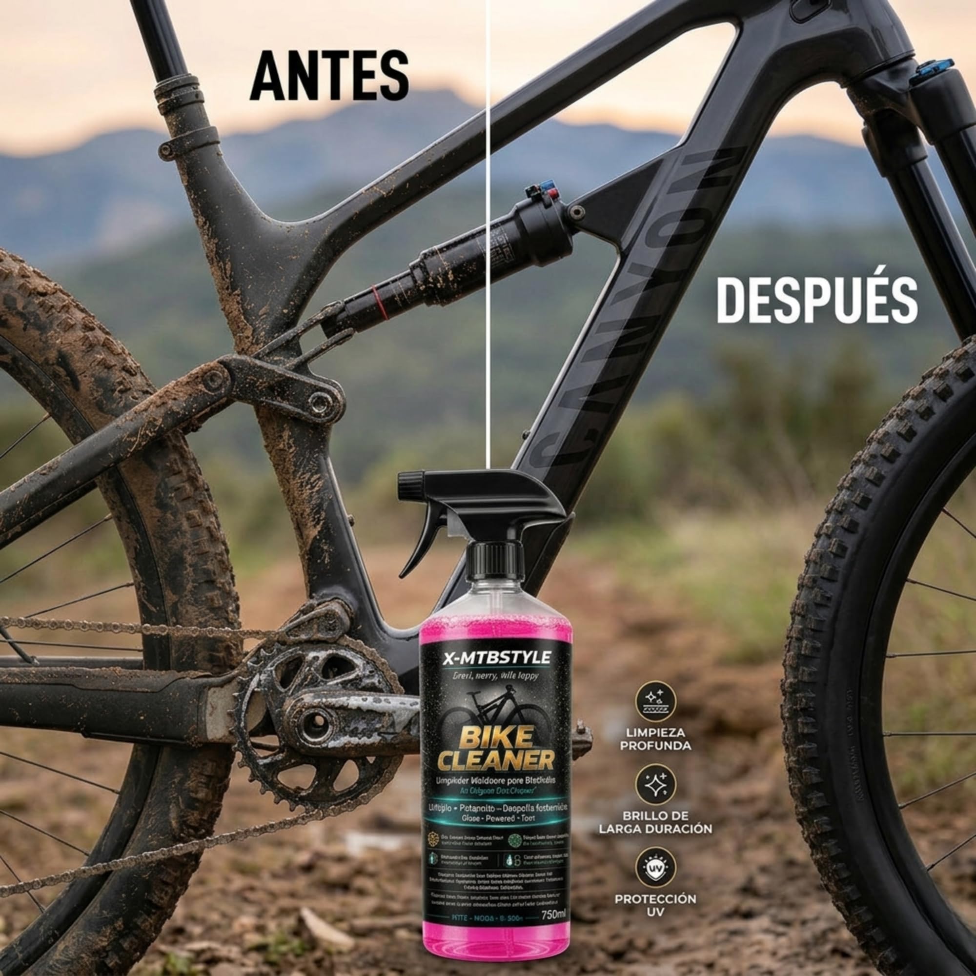 X-MTBSTYLE Środek do czyszczenia rowerów, 750 ml, spray do czyszczenia rowerów górskich, elektrycznych i szosowych - usuwa błoto, tłuszcz i brud - łagodny do malowania, łańcucha i komponentów (Dry