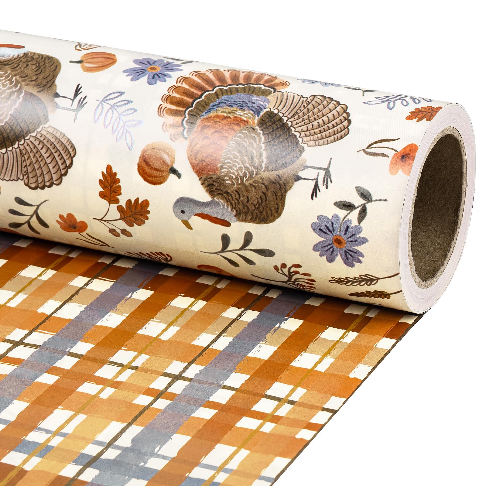 RUSPEPA Reversible Mini Wrapping Paper Roll, Watercolor Turkey & Plaid Design for Thanksgiving, Fall Harvest and Holiday Gift Wrapping, 43.2cm x 5m