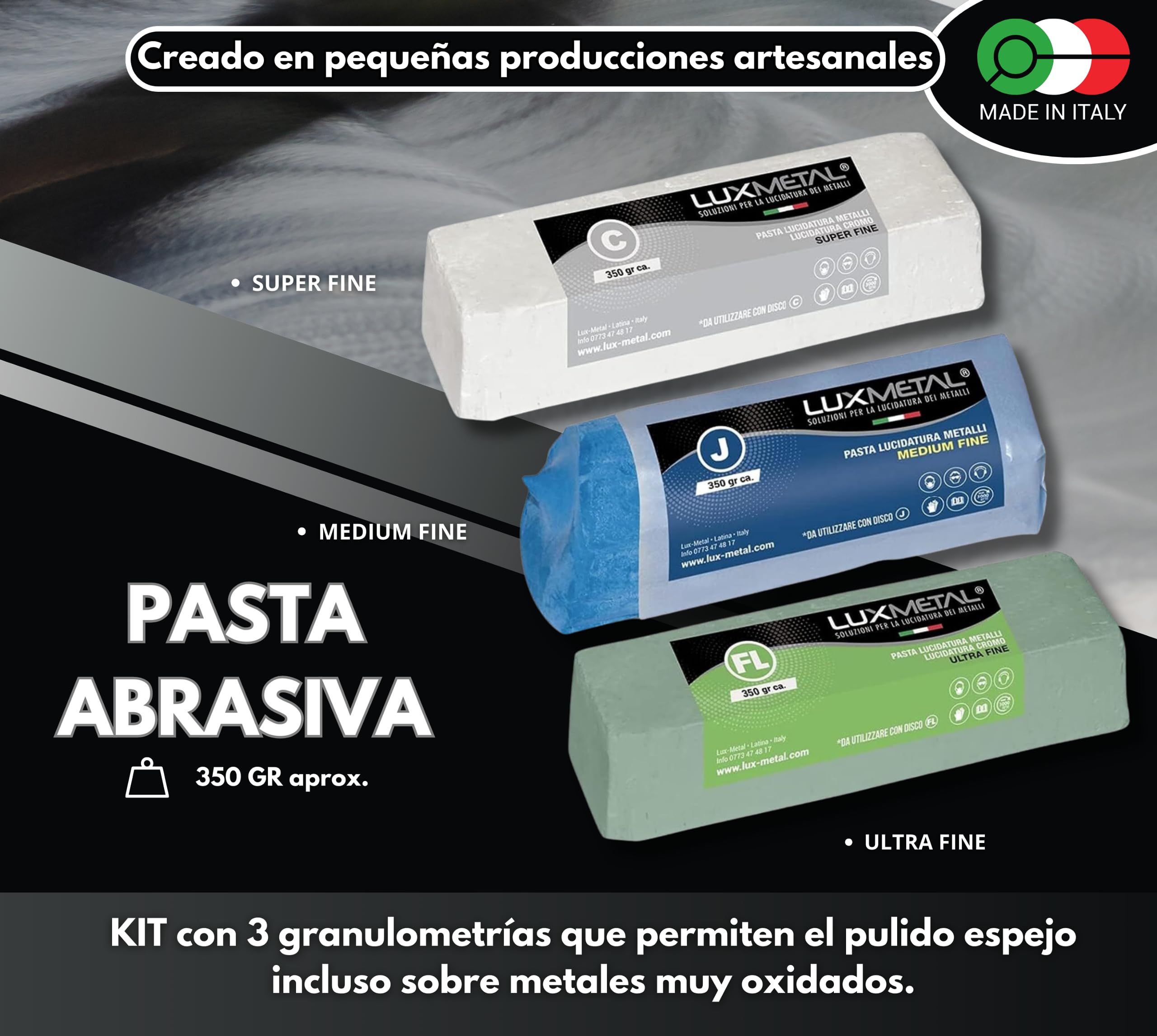 Lux Metal Kit 3 Pastas de Pulido Abrasivas 350 gr (FL-C-J) Set de Pulido de Acero Inoxidable Cera Verde Sólida para Pulir Metales Espejo Aluminio Cromo Madera Plexiglás Mármol Latón Cobre Plástico