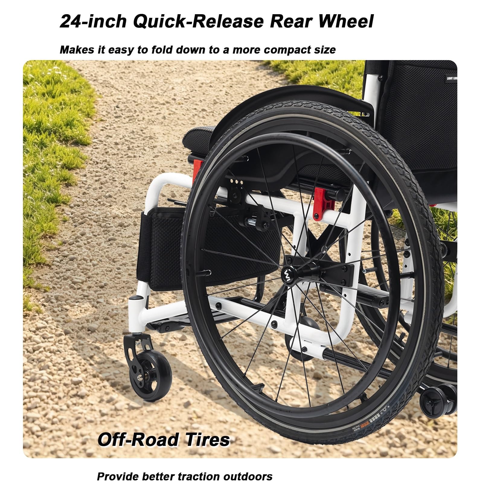 Sedia a Rotelle Pieghevole ad Autospinta, Leggera, Alluminio | Freno manuale, Poggiapiedi pieghevoli, Carrozzina da Transito，per disabili(White,15.7in Seat Width)