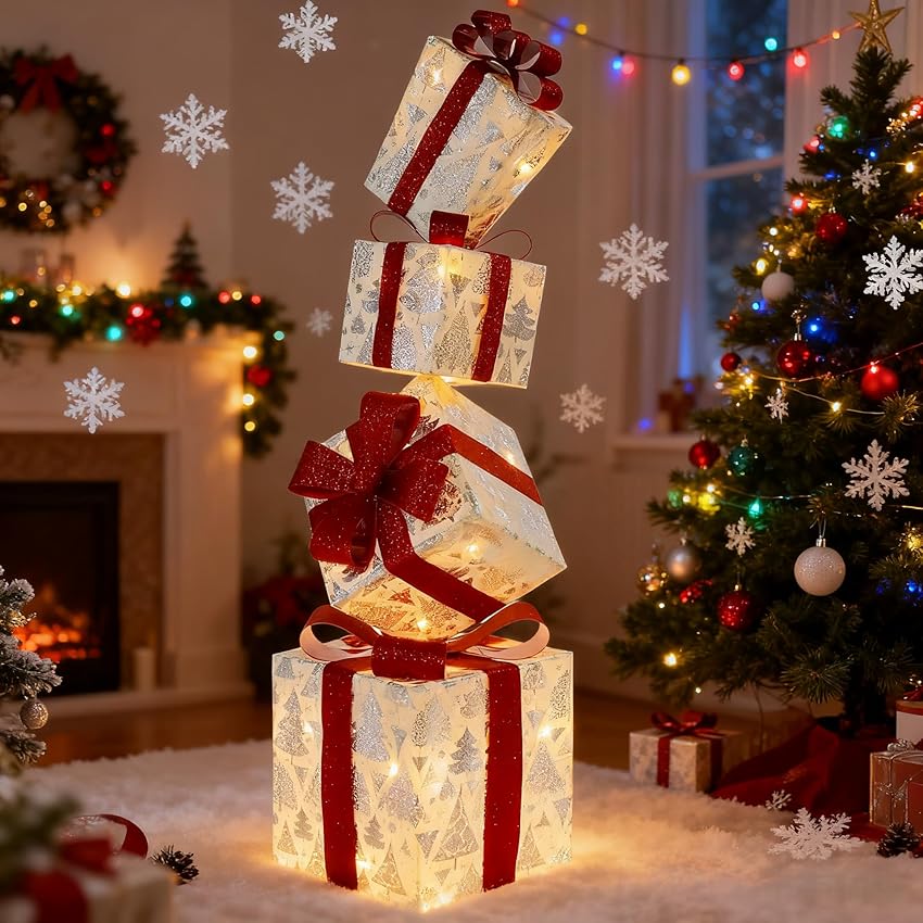 CCLIFE LED Regalo Decorazione Natalizia Set di 4, Versione a corrente, LED Decorazione di Natale Scatole Regalo Natalizie Luminose, CushHom