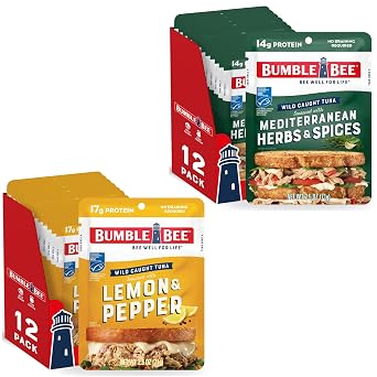 Bumble Bee Seasoned Tuna Pouch Fresh Flavors Bulk Bundle 24 Total Pouches - Lemon & Pepper Tuna and Mediterranean Herbs & Spices Tuna - Ready to Eat 2.5 oz Packets