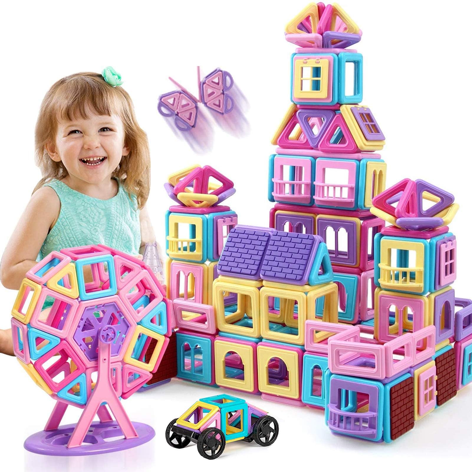 HOMOFY 117PCS Castle Magnetic Blocks for Boys Girls Kids -3D Macaron Colors Learning & Development Building Blocks Toys for 3 4 5 6 7 Year Old Boys Girls Gifts