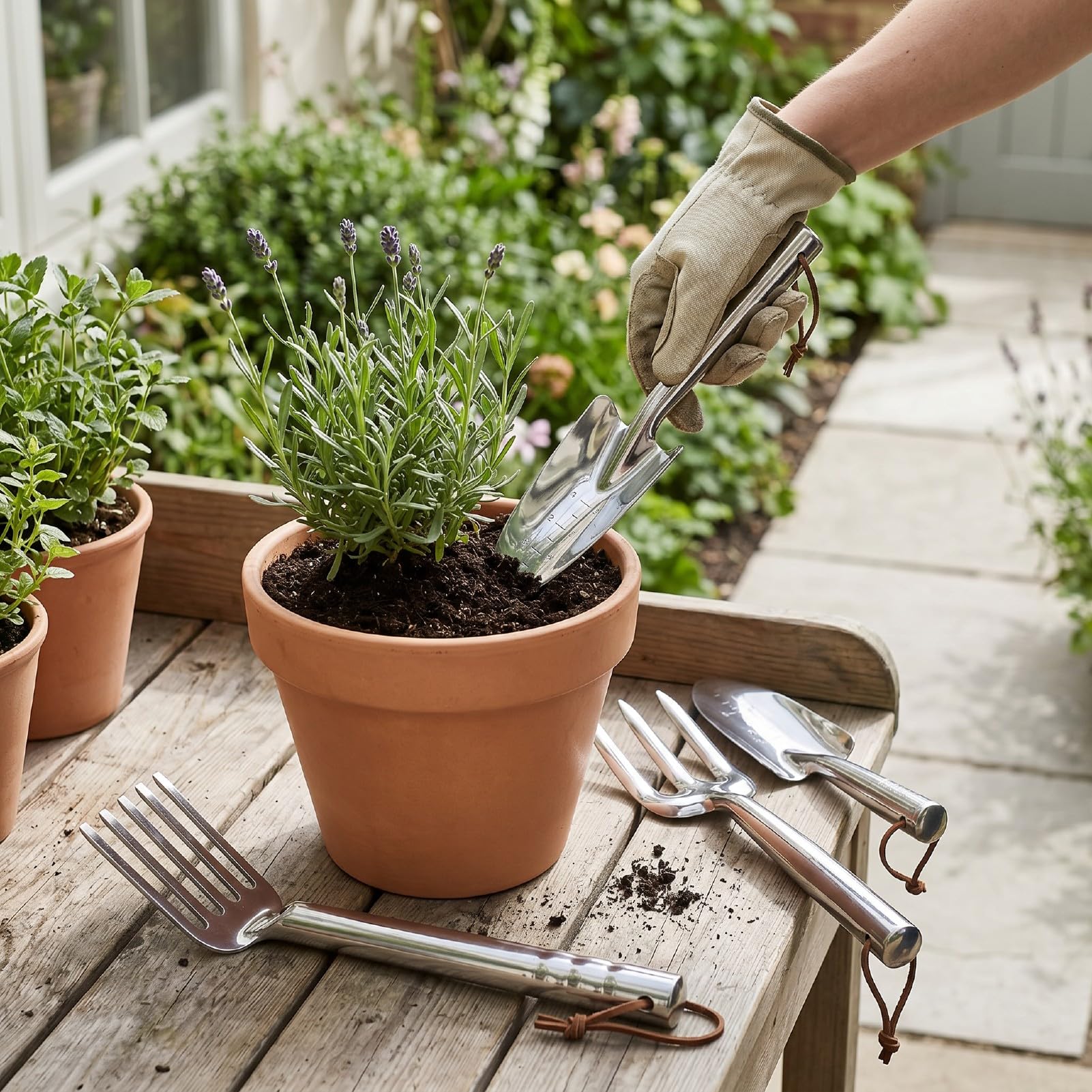 banapoy Set di Attrezzi da Giardino da 4 Pezzi, Utensili Manuali da Giardinaggio in Acciaio Inossidabile con Rastrello a 4 Denti e Manico Ergonomico Antiscivolo, Pale da Giardino in Acciaio