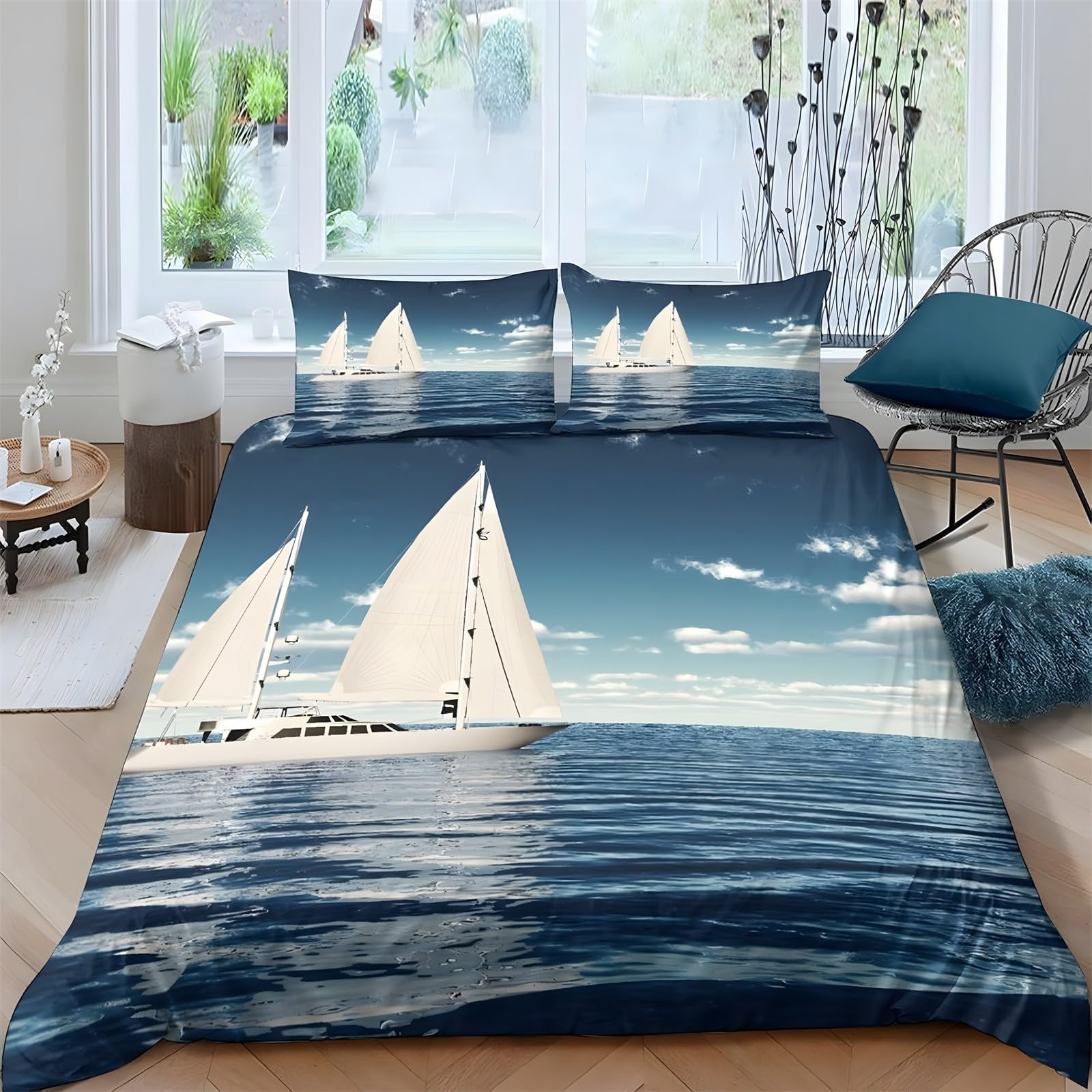 Ypthriline Small Single Duvet Cover Set Sailboat Bedding Set Microfiber Seascape Duvet Covers with Pillowcases Reversible Bedding With Zipper Closure 120x150CM