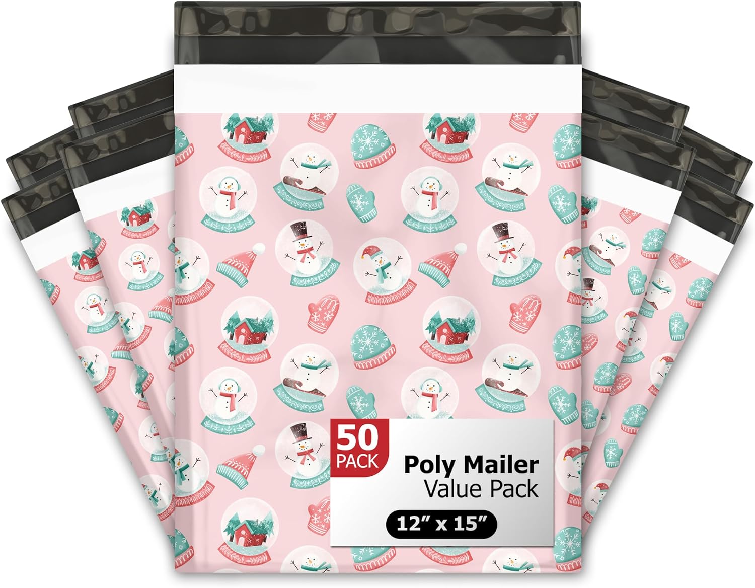12x15 (50) Winter Snowglobes and Snowmen Christmas Designer Poly Mailers Self Sealing Shipping Envelopes Holiday Premium Printed Bags For Small Businesses