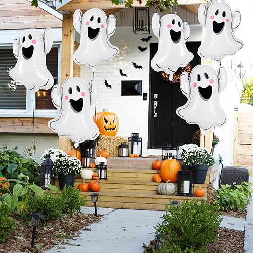 Miniatura 4 de Globos de fantasma de Halloween, 6 globos de aluminio con forma de fantasma blanco, globos grandes de Mylar para decoración de fiesta temática de
