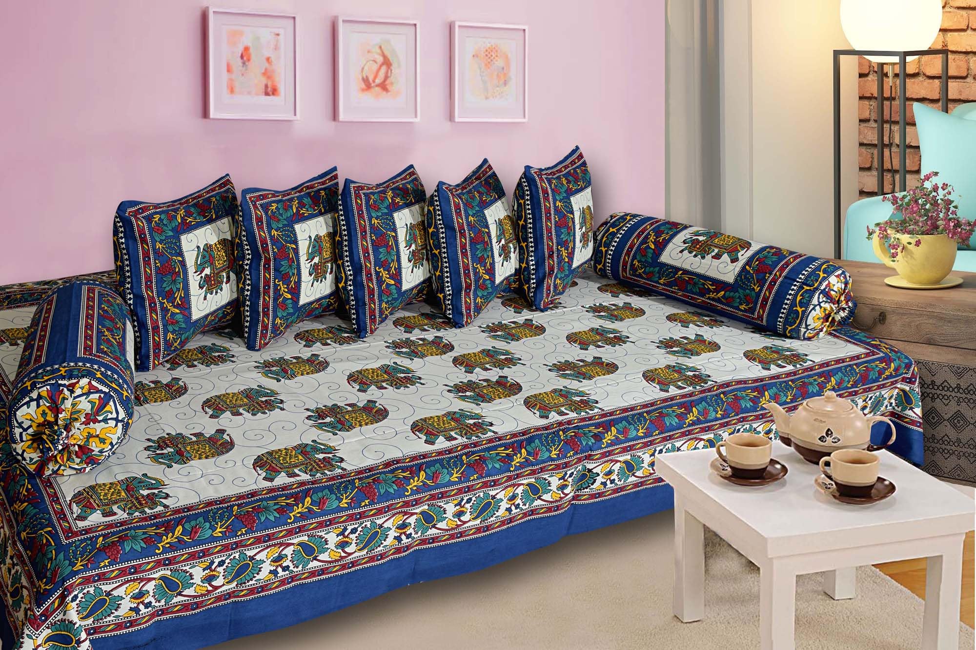 AMLEXTTRIZ Special Animal Printed Pure & Soft Cotton Diwan Cover Set |8 Pcs Set - 5 Cushion Cover,2 Bolster Cover,1 Bedsheet (Blue)-image-3