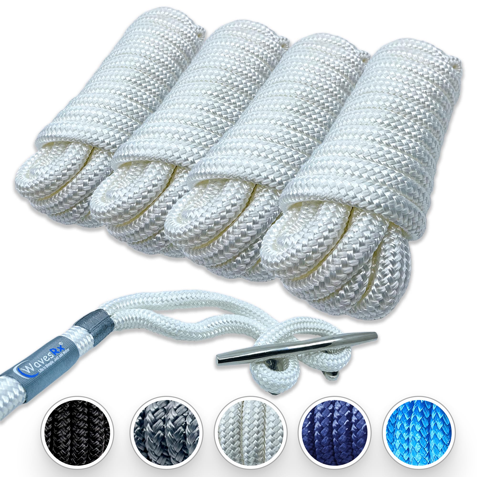 Photo 1 of 1/2” x 20’ (4PK) Premium Dock Lines for Boat & Pontoon | Double Braided Nylon Boat Ropes for Docking with Loop | Marine Dock Lines | UV & Saltwater Resistant Boat Dock Line | Boat Mooring Rope Pearl White 1/2'' x 20' (4PK)