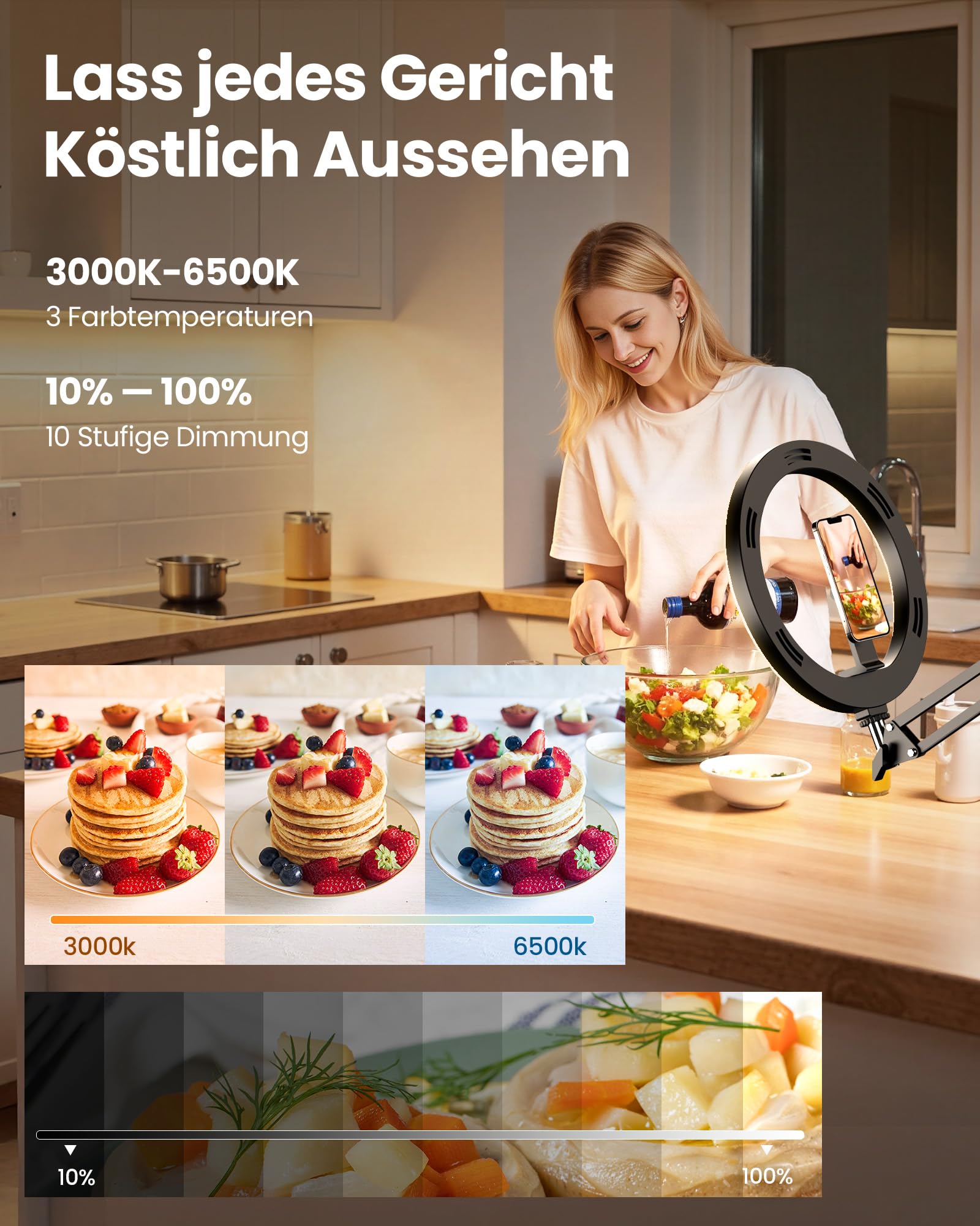 Evershop Supporto magnetico per cellulare con luce ad anello per cucina e alimenti – Luce ad anello con treppiede per tavolo