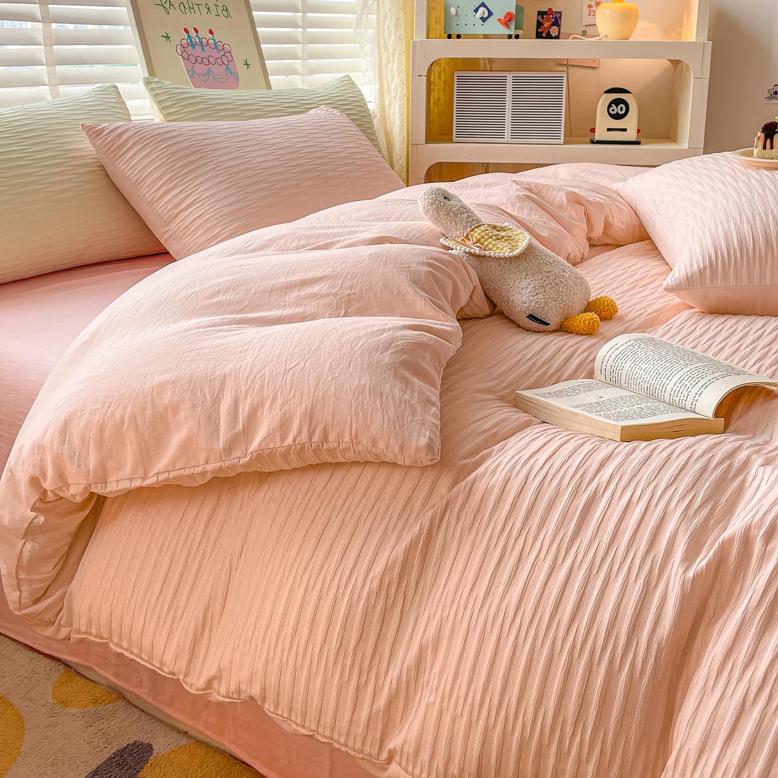 Seersucker Duvet Cover Set King Size Beddding Set including Pillowcases for Teens Adults Soft Microfiber Polyester Seersucker Bedding