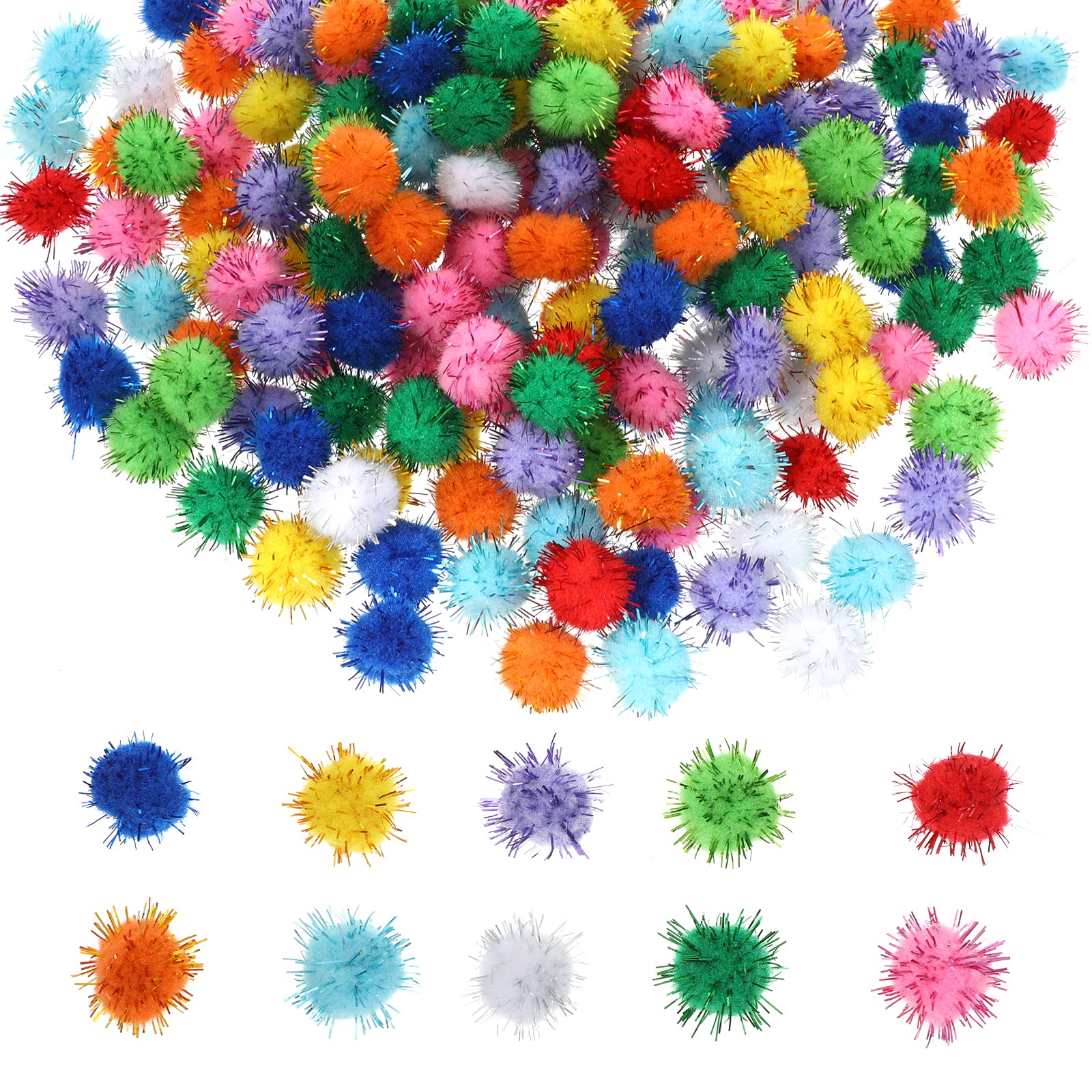 200 PCS Glitter Pom Pom Balls, Tinsel Pom Poms Glitter Sparkle Balls Cat Fuzzy Toys Balls, Glitter Fluffy Craft Pompoms, Multicolor Soft Pompoms for Art Crafts, DIY Decorations, 0.59 Inch