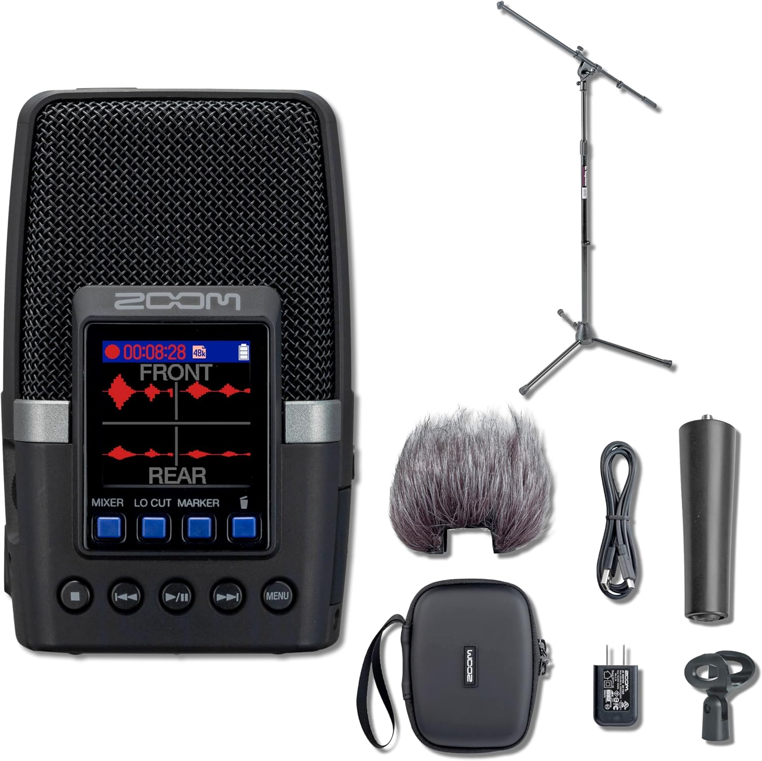 Zoom H2essential 32-Bit Float Handy Recorder Bundle with MA-2 Stand Adapter, MS7701B Boom Stand, and APH-2e Windscreen + AC Adapter — 3-Mic USB-C Kit for Podcasting, Field Recording, Interviews