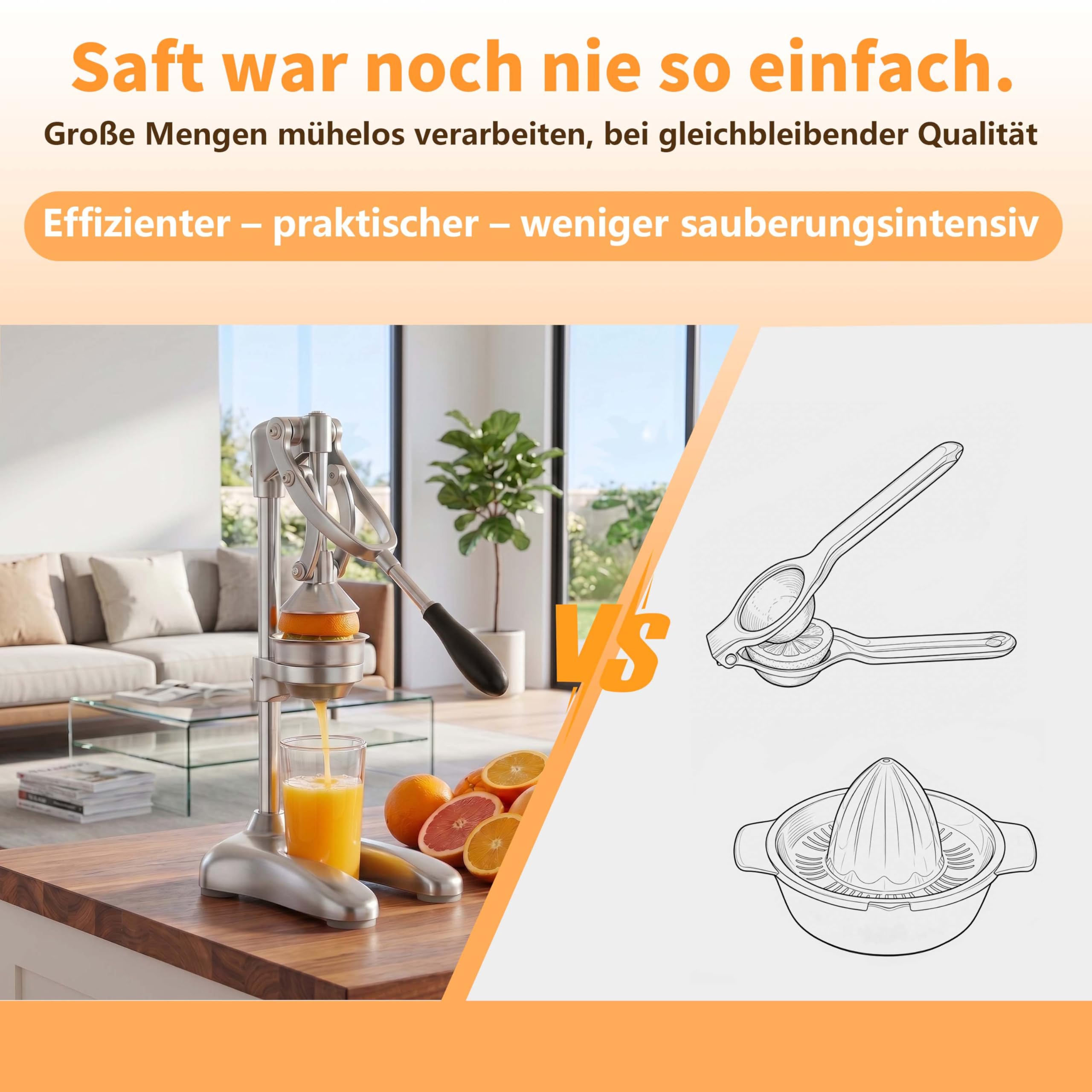 professionelle Zitruspresse,manuell bedienbare Zitruspresse für Orangen, Zitronen, Granatäpfel, Grapefruits,wartungsfrei,robuster und strapazierfähiger (Silber)