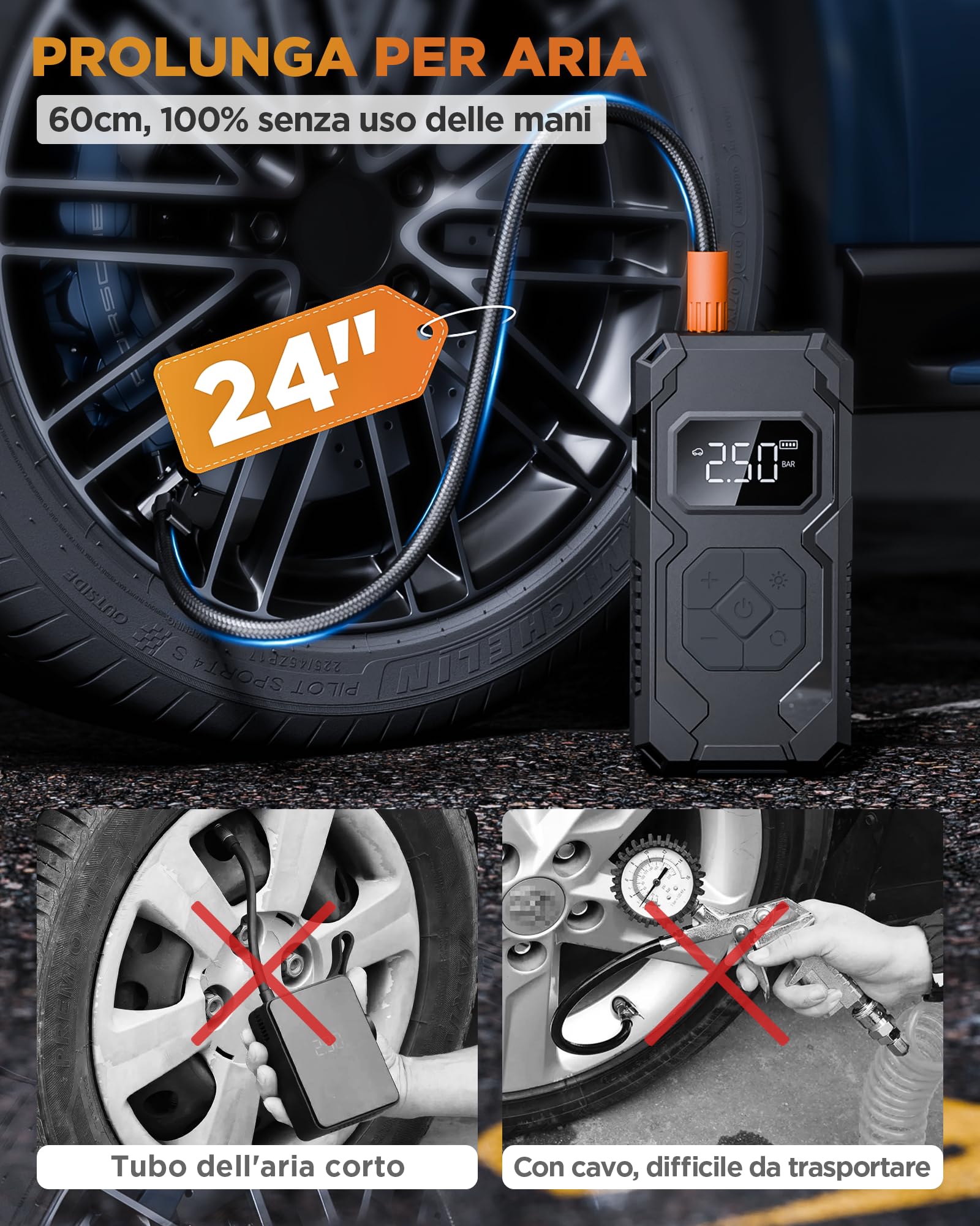 Tire Inflator Compressore Aria Portatile Senza Fili 150PSI, Batteria Ricaricabile con Manometro Digitale, Auto Spegnimento e Luce LED, Gonfiatore Elettrico per Auto, Moto, Bici, Palloni, Nero