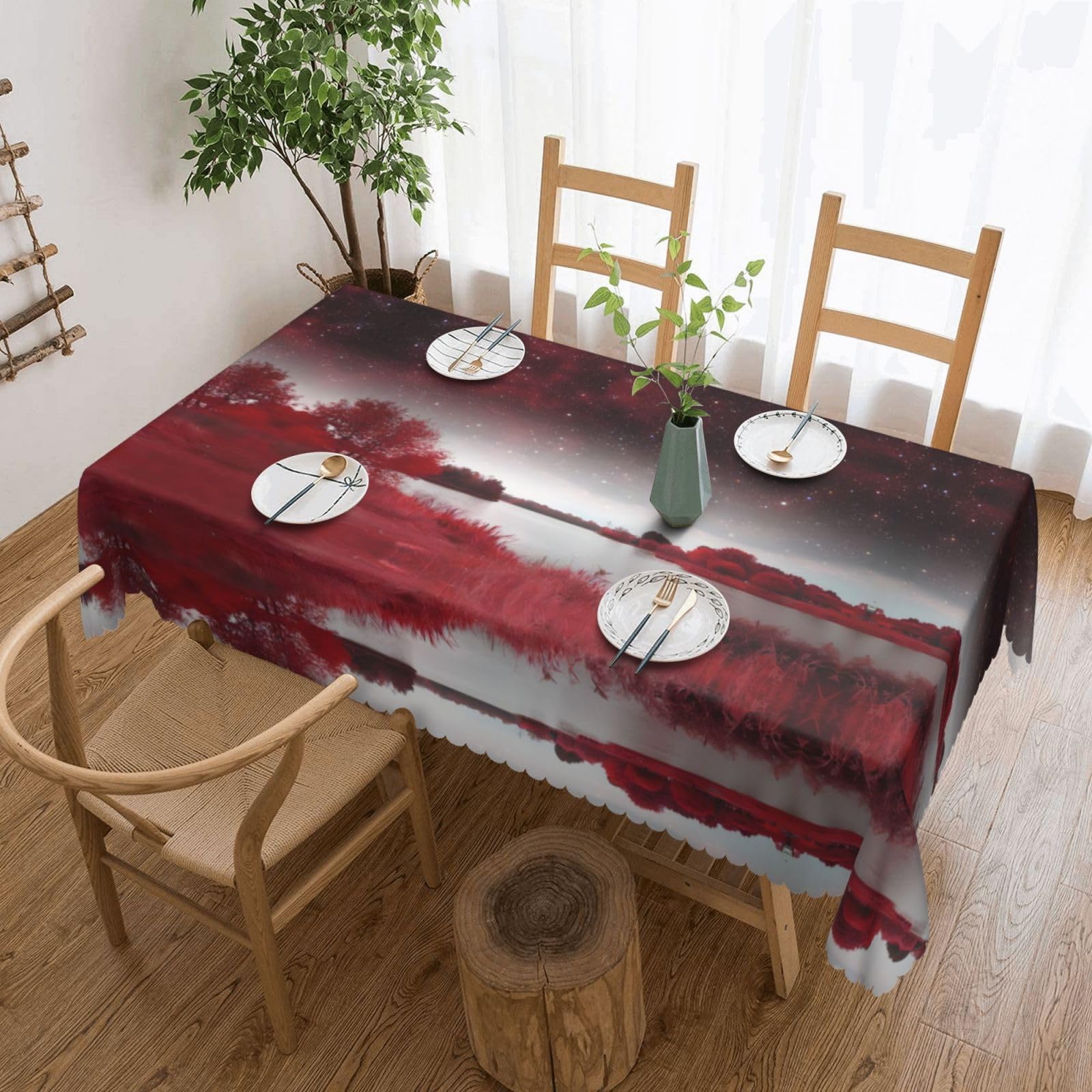 HLSBSSL Starry Sky Red Landscape Patterned square lace tablecloth, wrinkle-resistant and durable, suitable for dining tables, parties, etc.