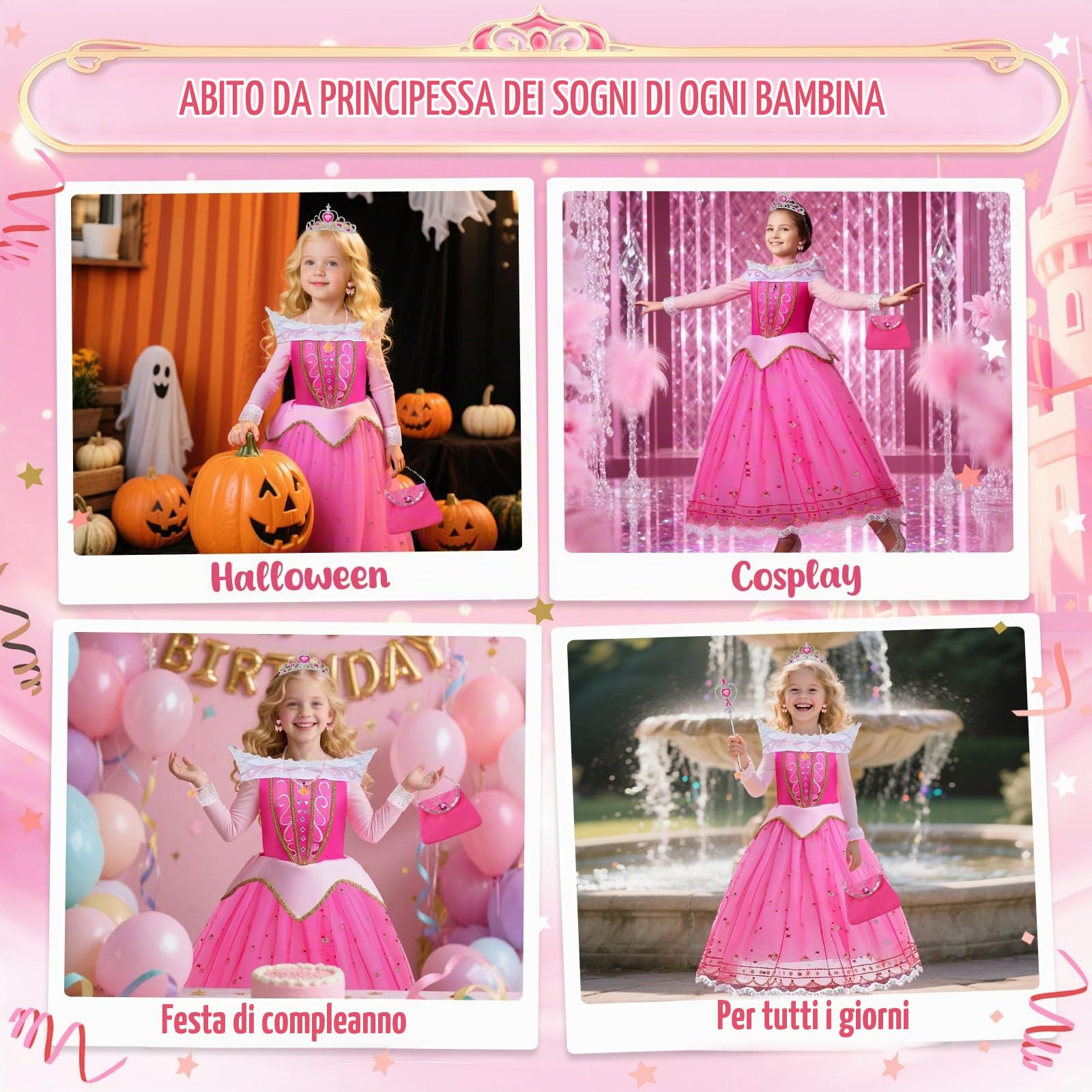 Vestito da Principessa, Vestito Principessa Rosa con Accessori, Costumi Bambina Onna Lunga con Accessorio 11 Pezzi Cosplay Compleanno Festa Halloween Natale